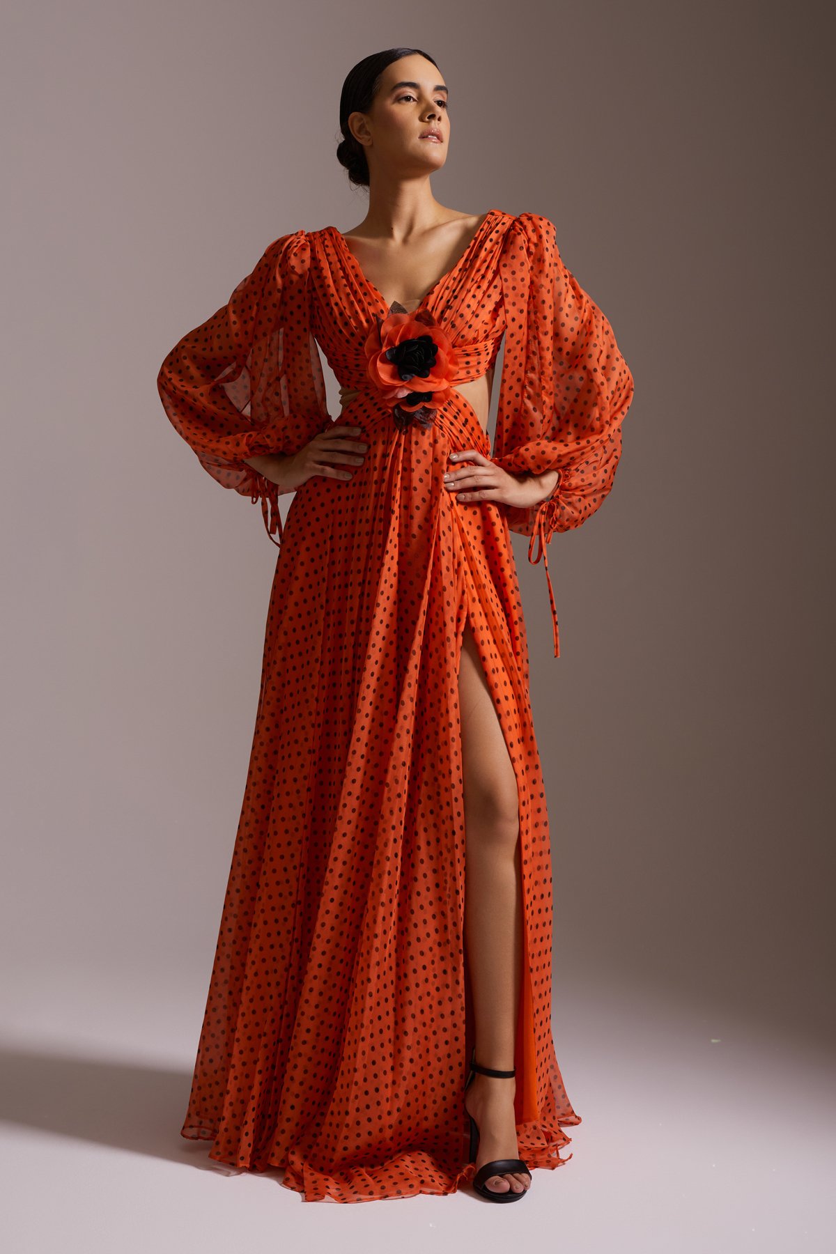 Red Black Polka Dot Slit Chiffon Long Evening Dress