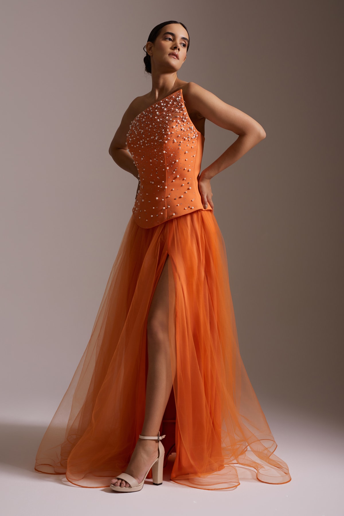 One Shoulder Pearl Stone Embroidered Tulle Skirt Slit Evening Dress Orange