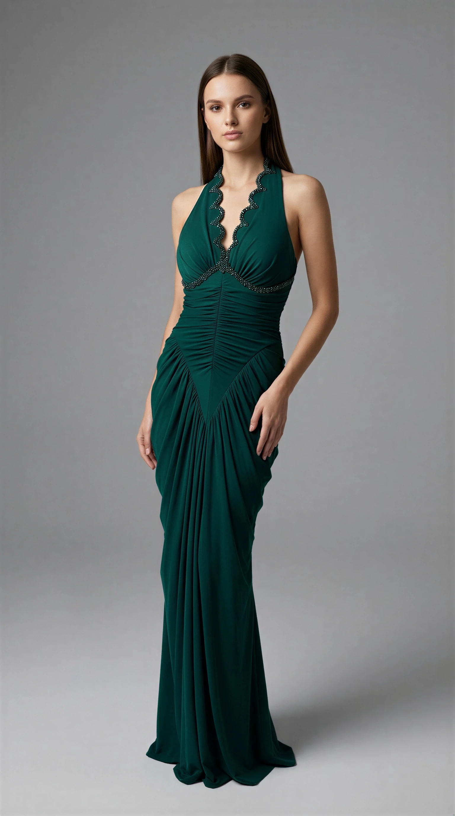 Long Emerald Green Jersey Evening Dress with Draped Design, Halter Neck,  and Stone Details