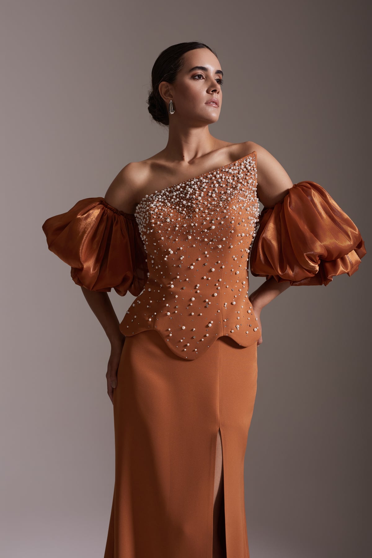 One Shoulder Pearled Satin Balloon Sleeve Slit Evening Dress Tile