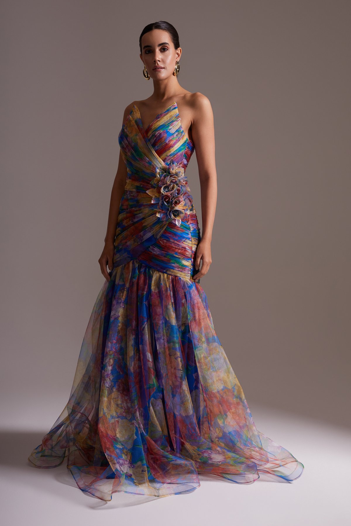 Colorful Floral Patterned Satin Tulle Detailed Strapless Draped Long Evening Dress