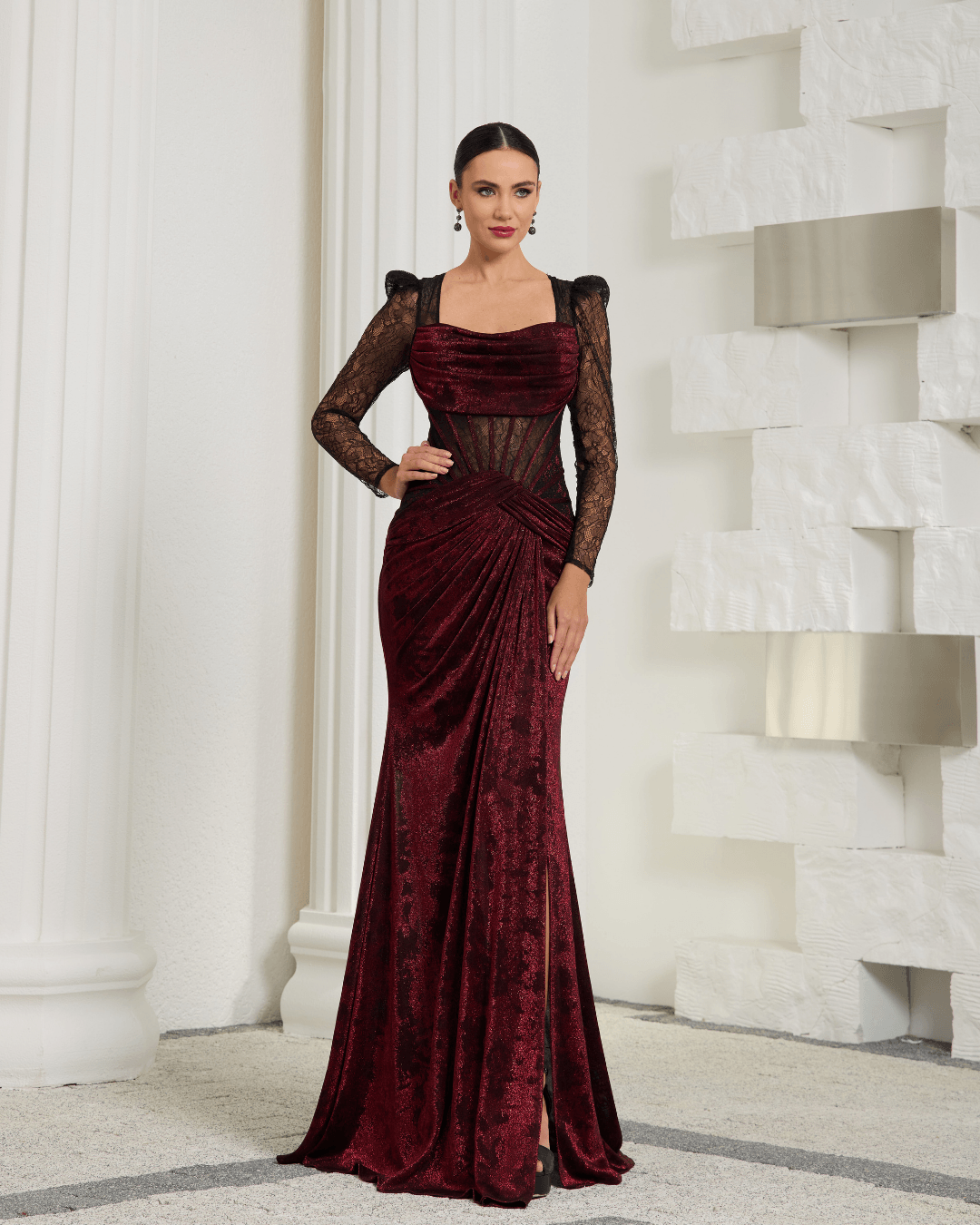 Burgundy Velvet & Lace Long Sleeve Gown