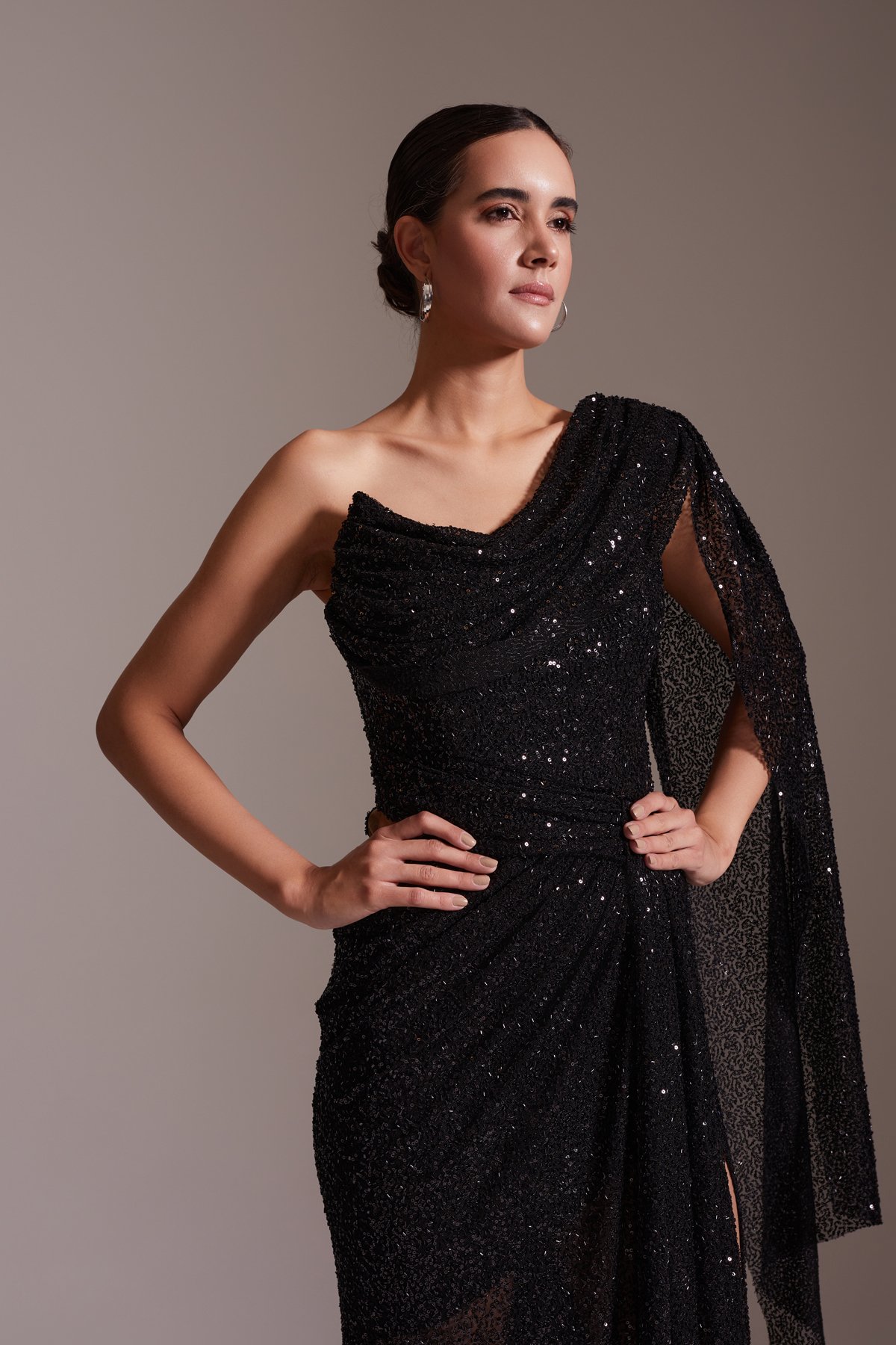 One Shoulder Slit Sequined Evening Dress Black