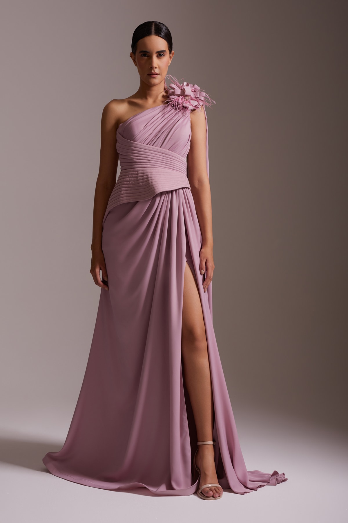 One Shoulder Floral Detailed Slit Chiffon Evening Dress Powder