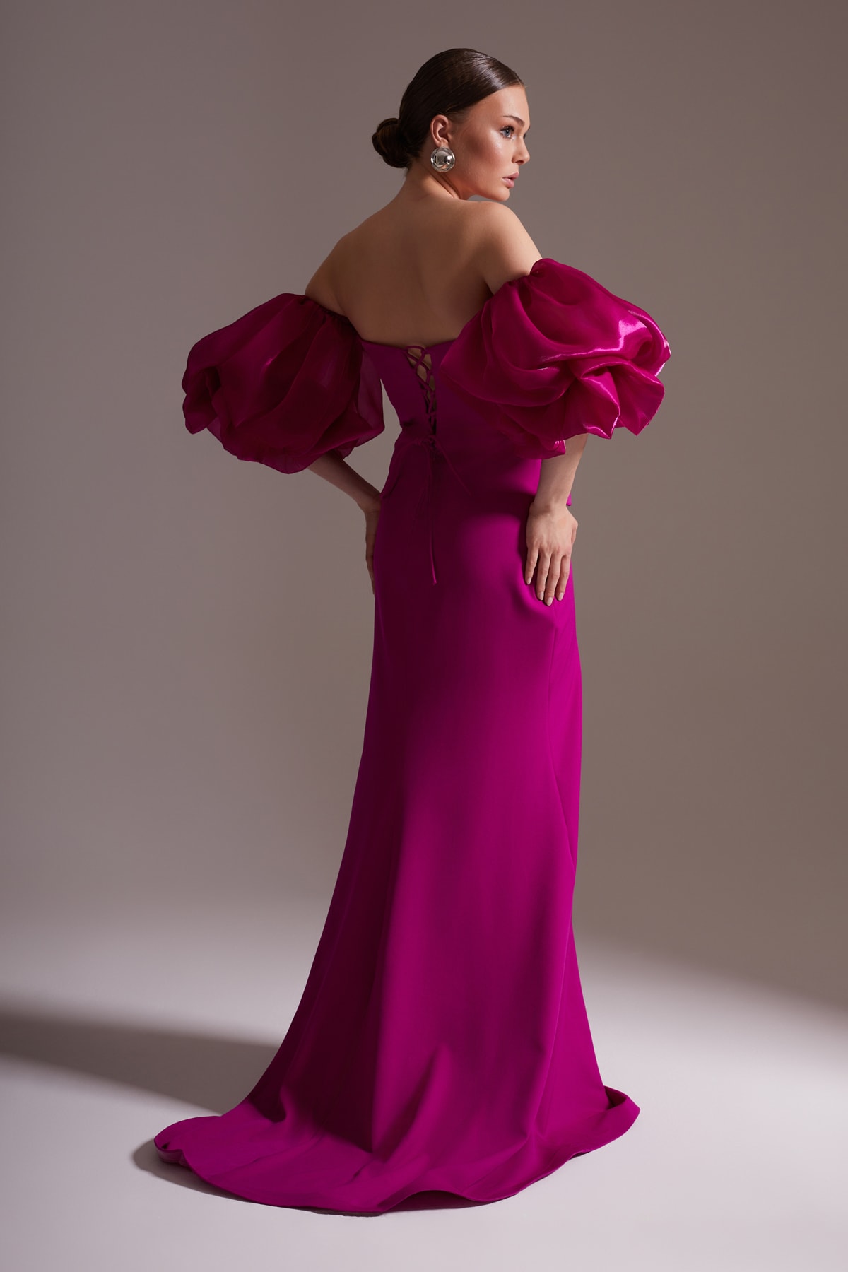 One Shoulder Pearl Balloon Sleeve Slit Long Evening Dress Fuchsia