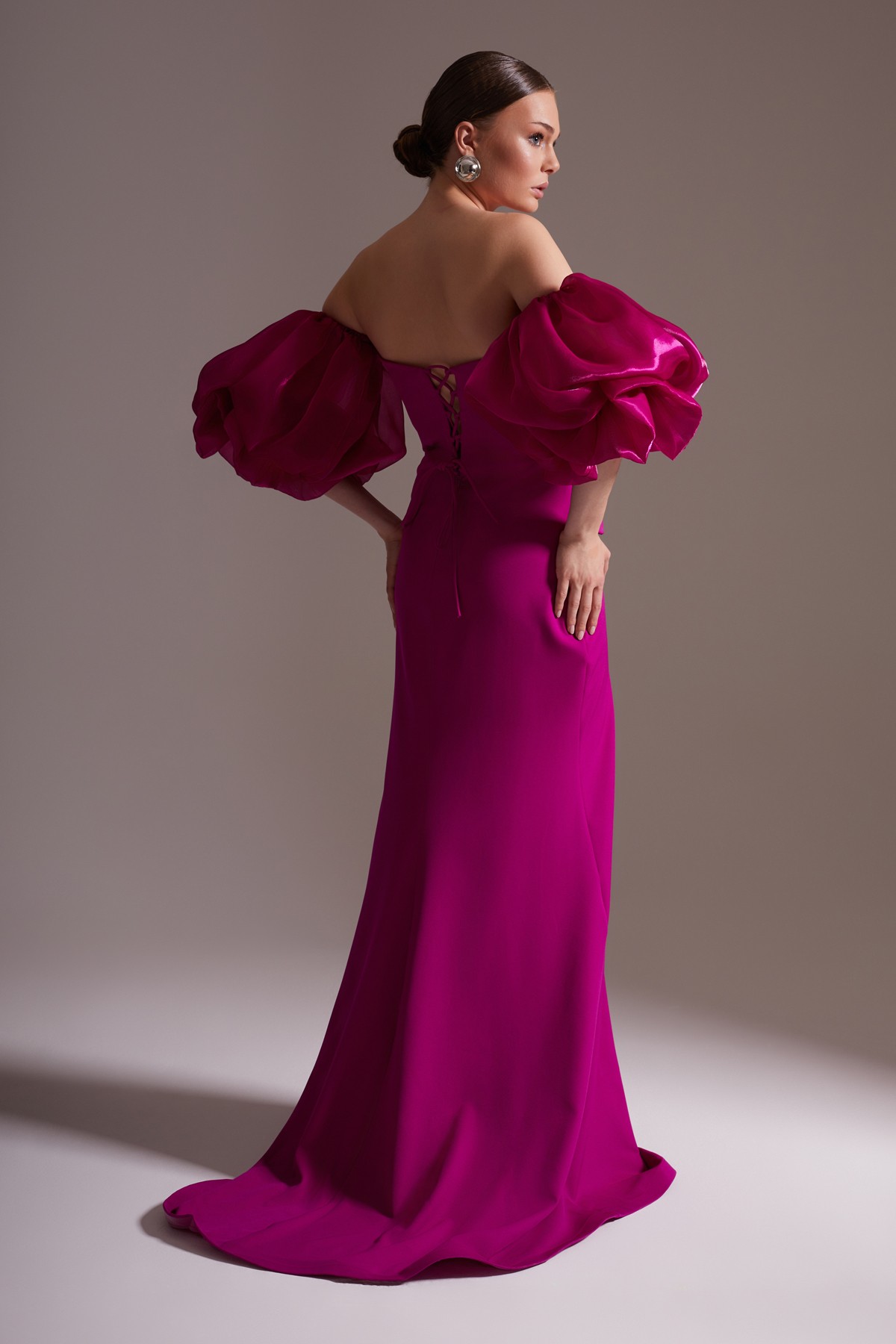 One Shoulder Pearl Balloon Sleeve Slit Long Evening Dress Fuchsia