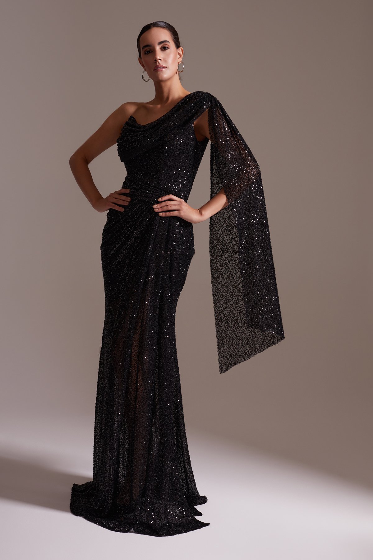 One Shoulder Slit Sequined Evening Dress Black