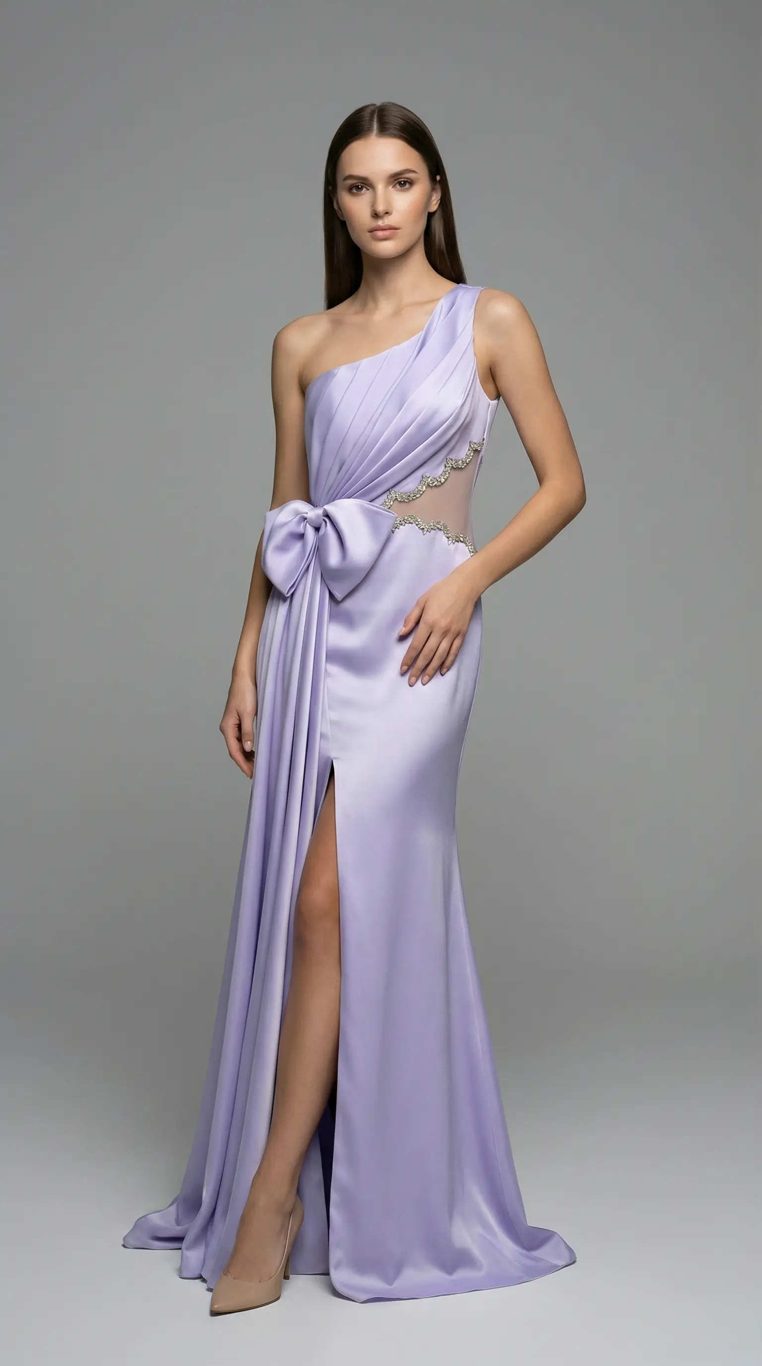 One-Shoulder Draped Satin Evening Dress  Lilac