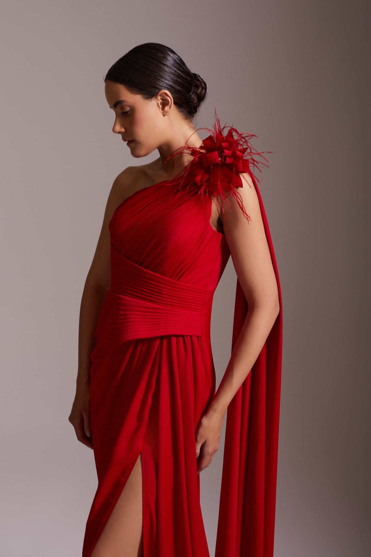 One Shoulder Floral Detailed Slit Chiffon Evening Dress Red