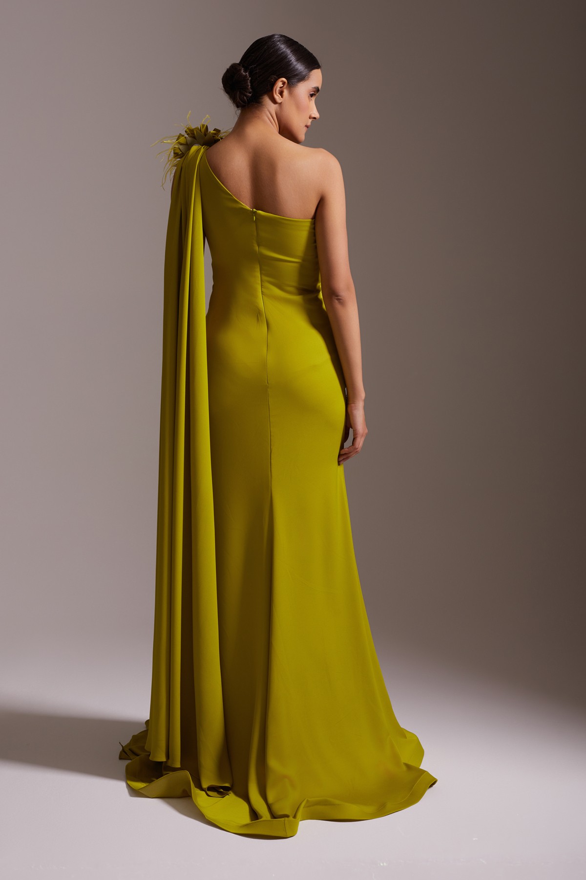 One Shoulder Floral Accessory Draped Slit Satin Evening Dress Olive Green
