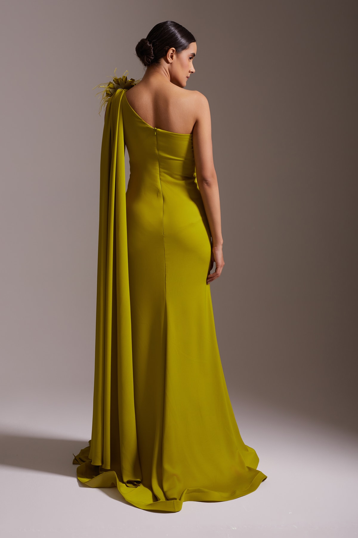 One Shoulder Floral Accessory Draped Slit Satin Evening Dress Olive Green