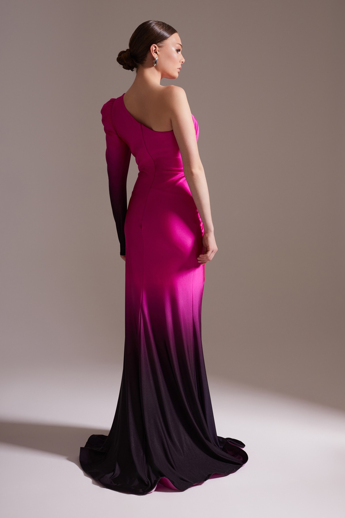 One Shoulder Draped Long Evening Dress Fuchsia Black Transitional