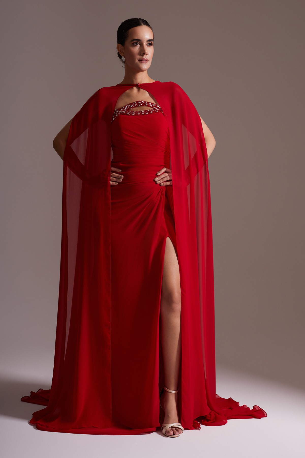 Stone Detailed Slit Chiffon Cape Evening Dress Red