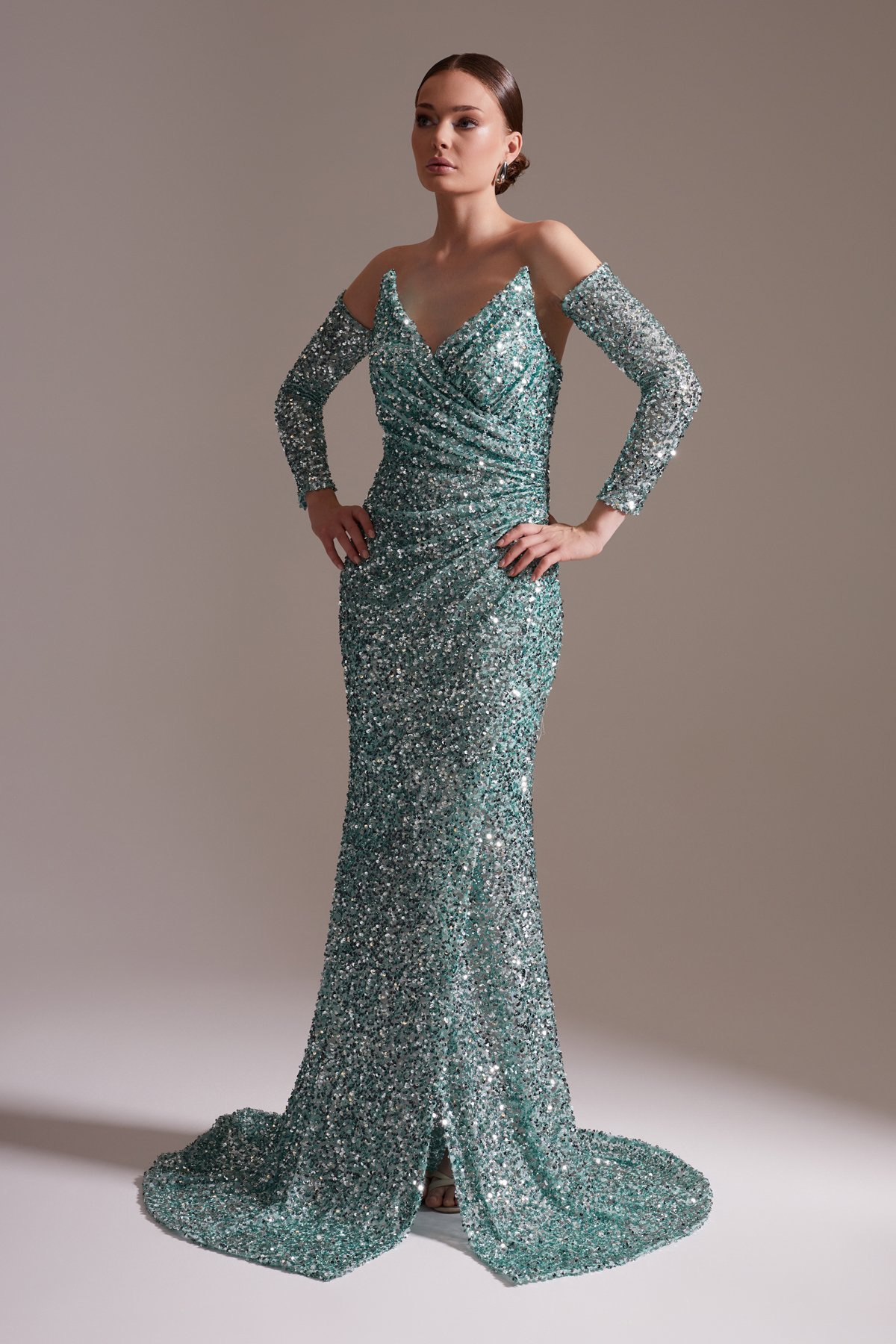 Sequined Off-the-Shoulder Long Evening Dress in Aqua Green
