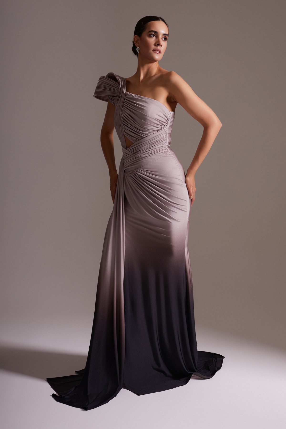 One Shoulder Draped Gradient Evening Dress with Shoulder Details Purple-Black