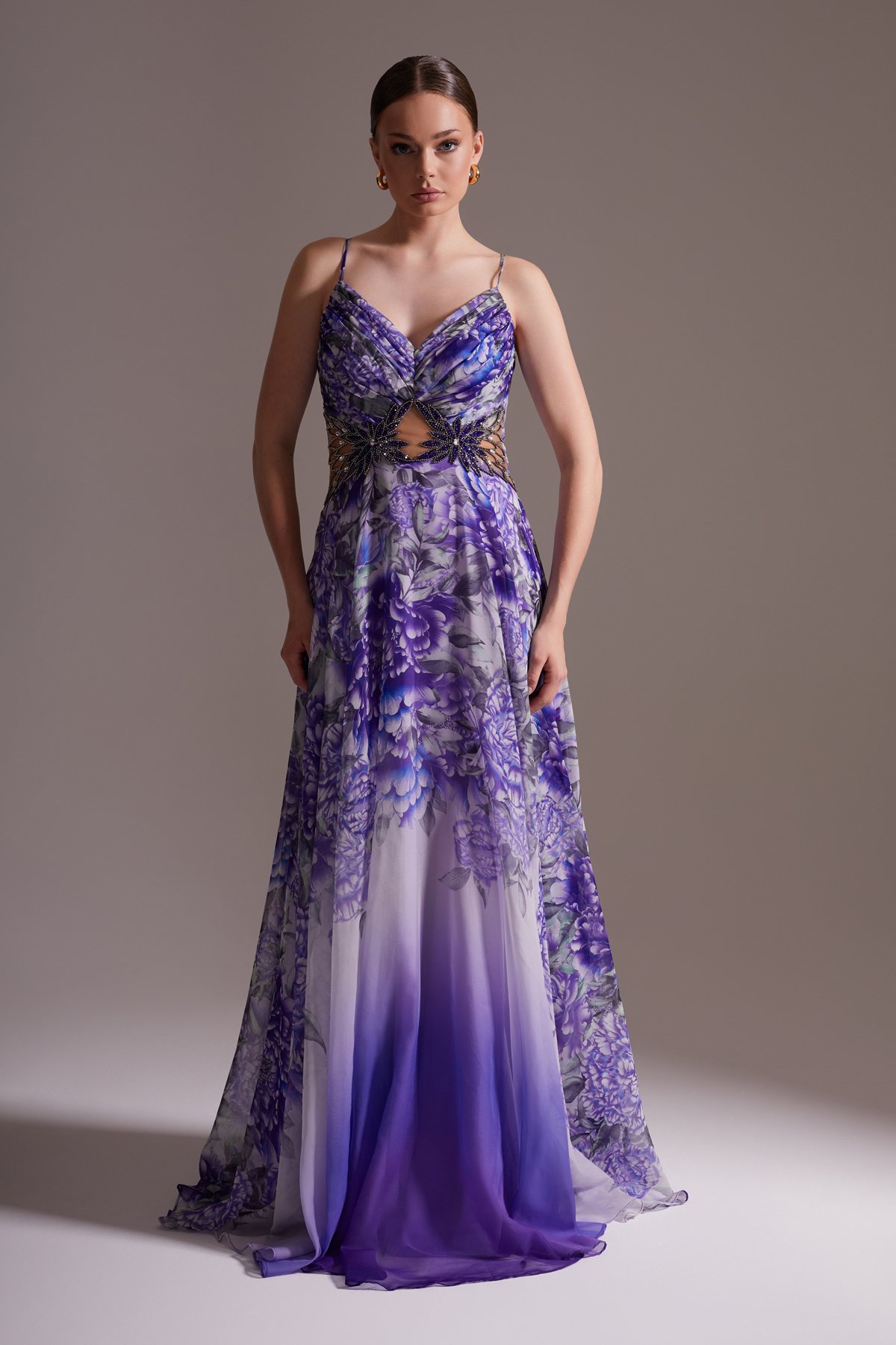 Floral Patterned Chiffon V-Neck Thin Straps Stone Embroidered and Slit Long Evening Dress Purple