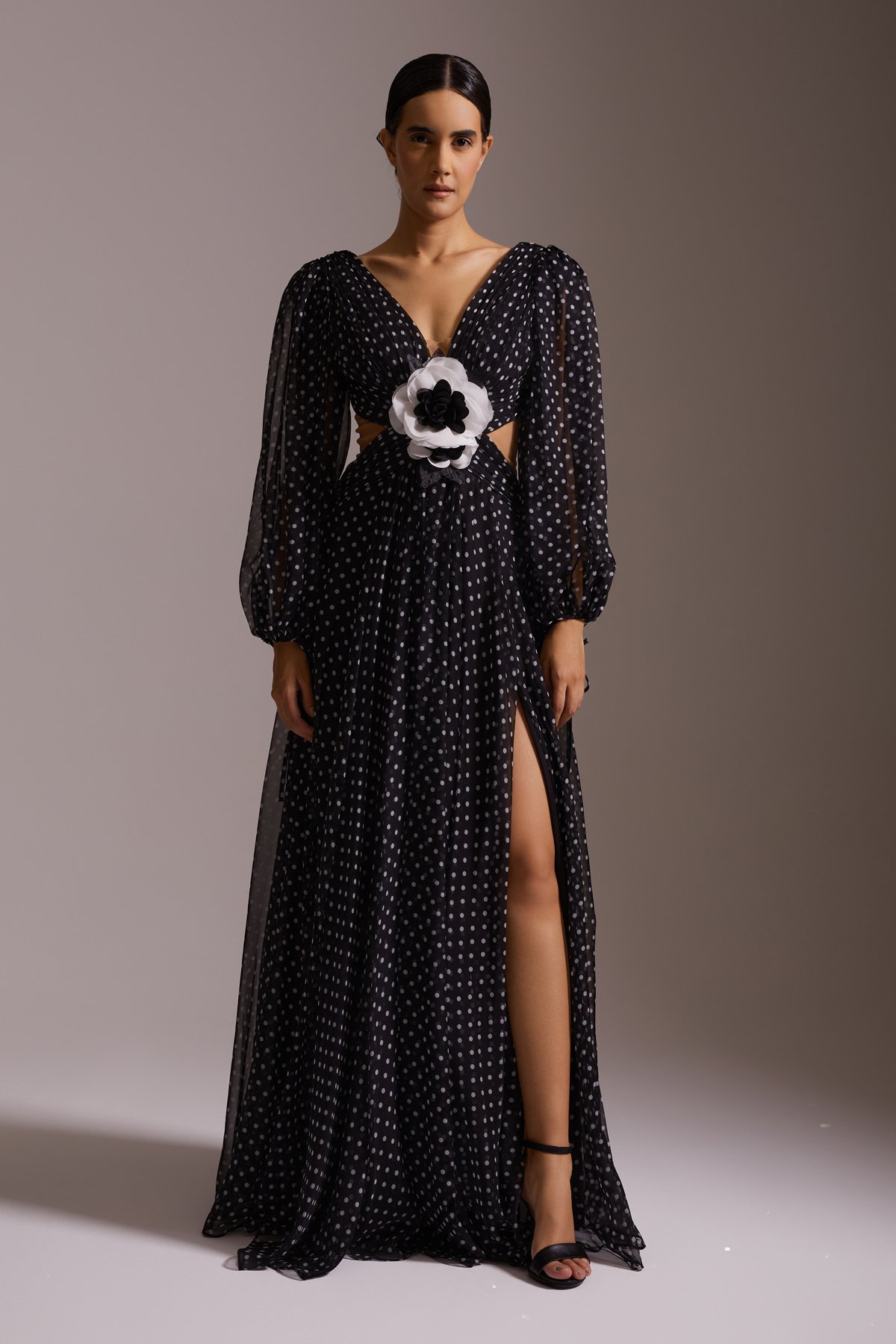 Floral Detailed Slit Polka Dot Long Chiffon Evening Dress Black and White