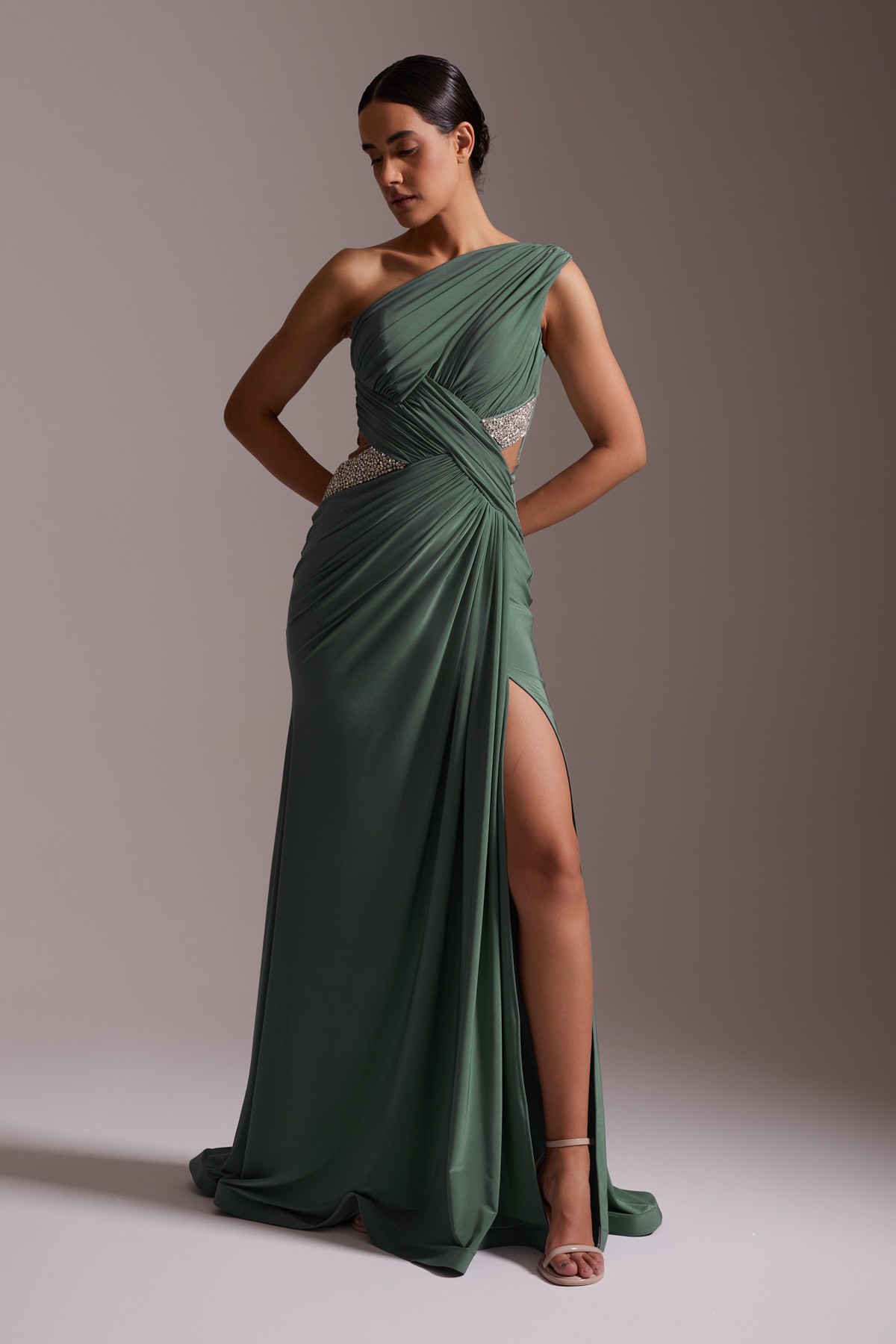 One Shoulder Slit Draped Stone Detailed Evening Dress Emerald Green