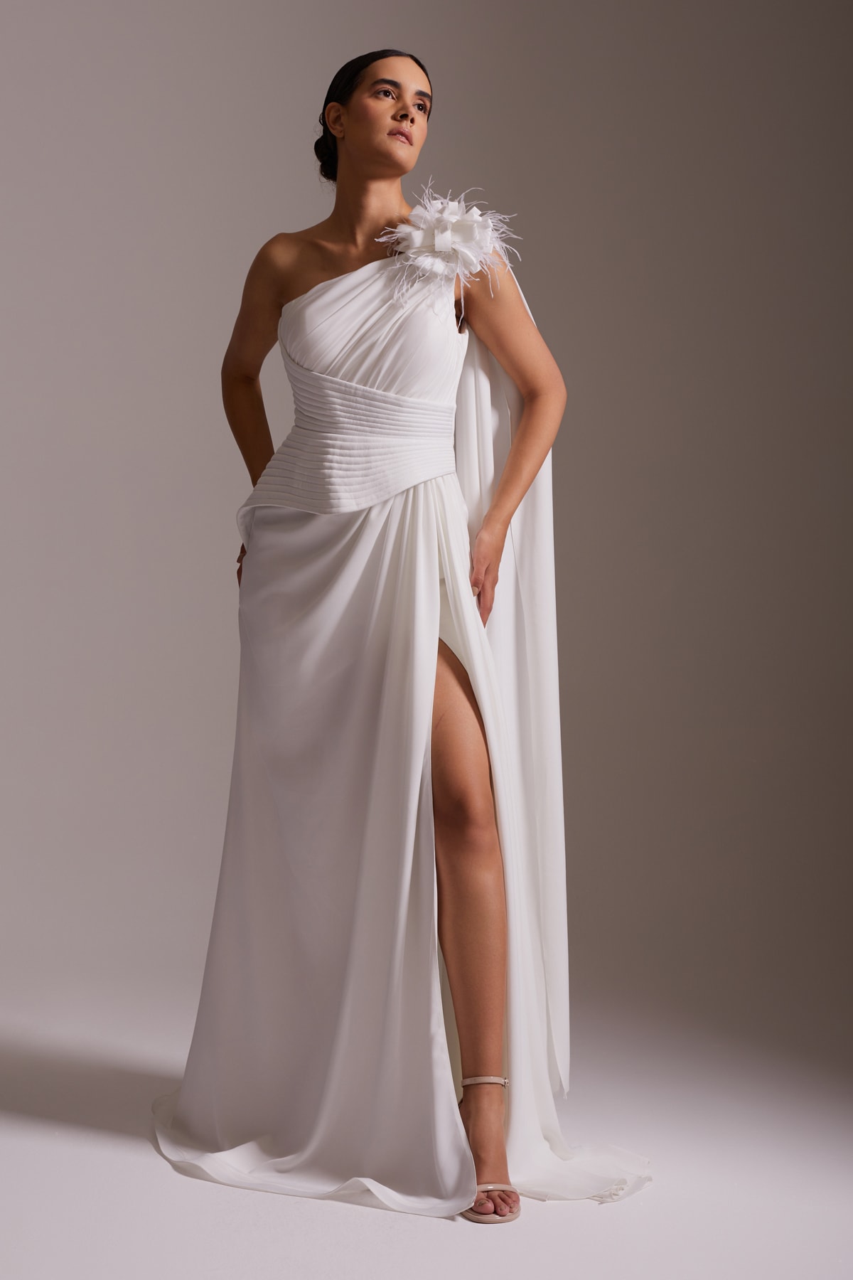 One Shoulder Flower and Feather Detailed Slit Chiffon Evening Dress White