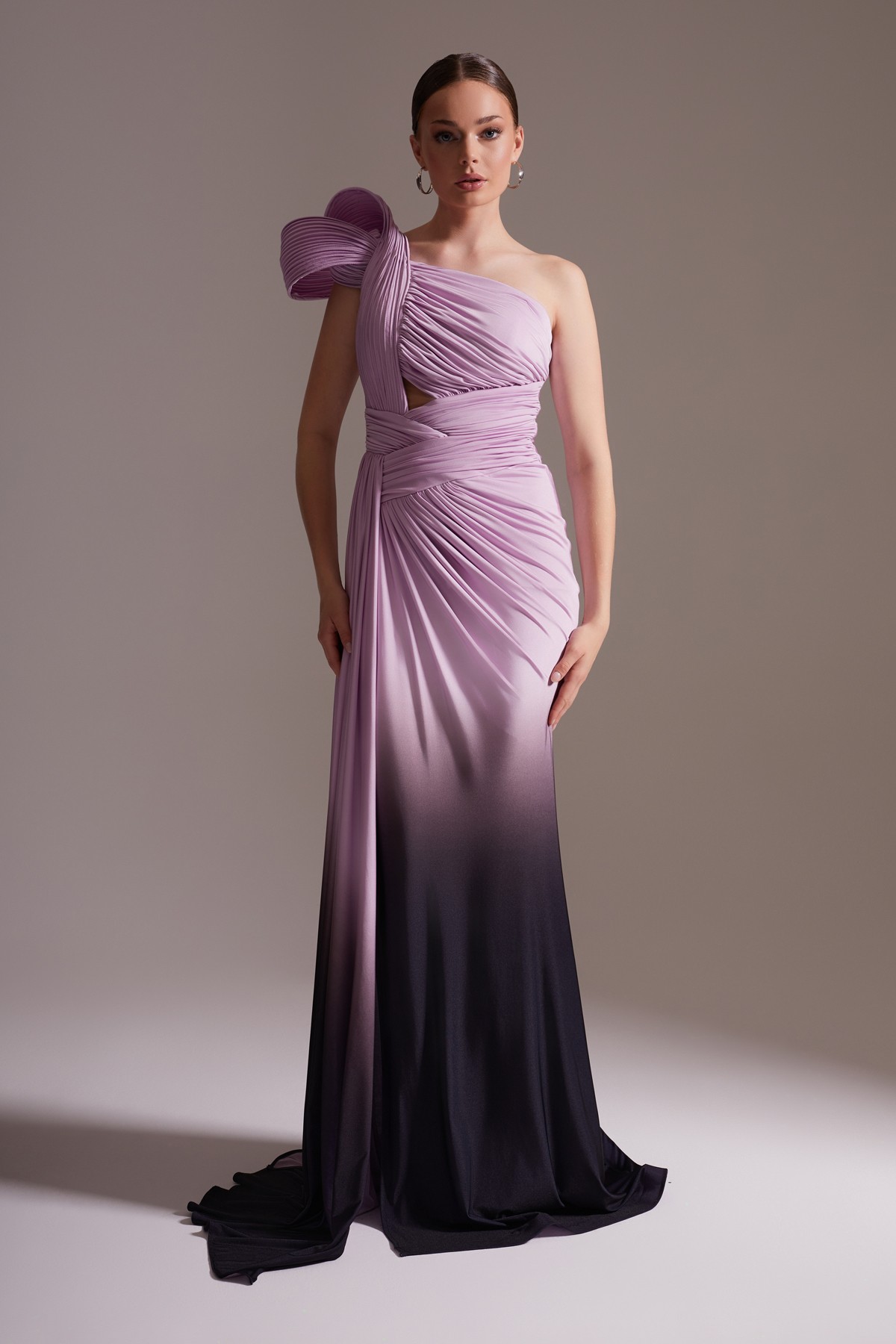 One Shoulder Draped Satin Evening Dress with Slit and Bow Detail Purple – Black