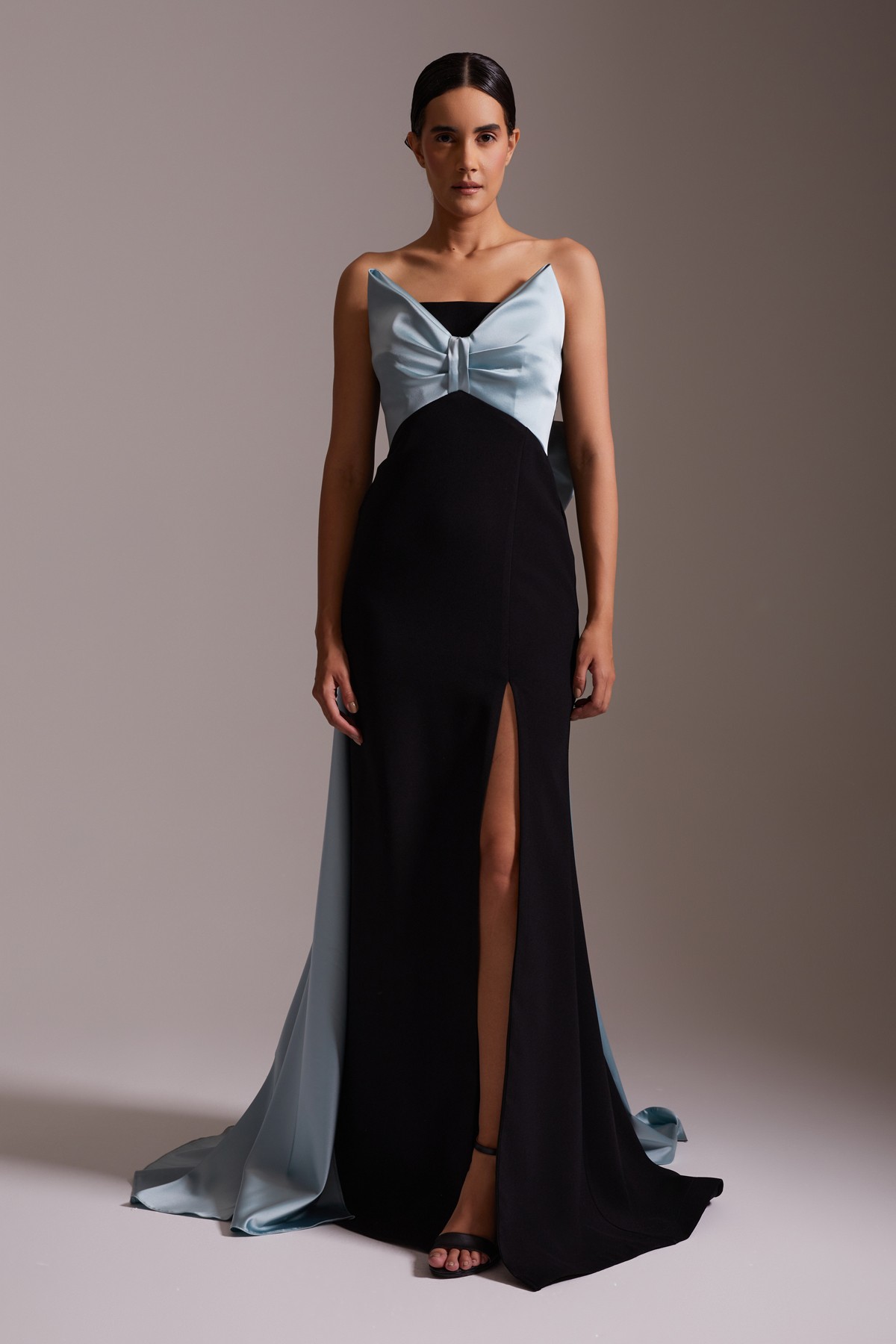 Satin Detailed Black Slit Long Evening Dress Blue