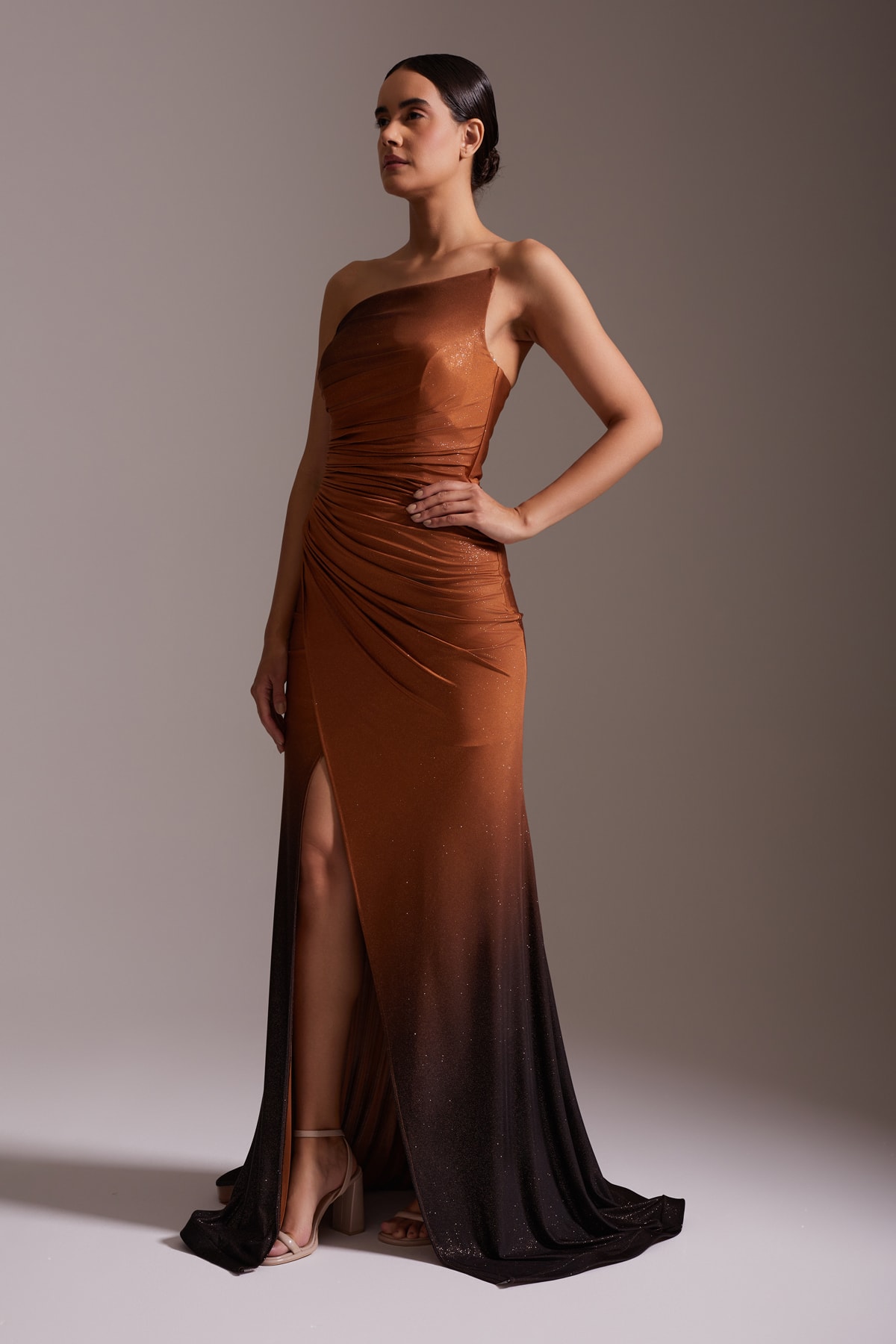One Shoulder Asymmetrical Slit Gradient Evening Dress Brown-Black