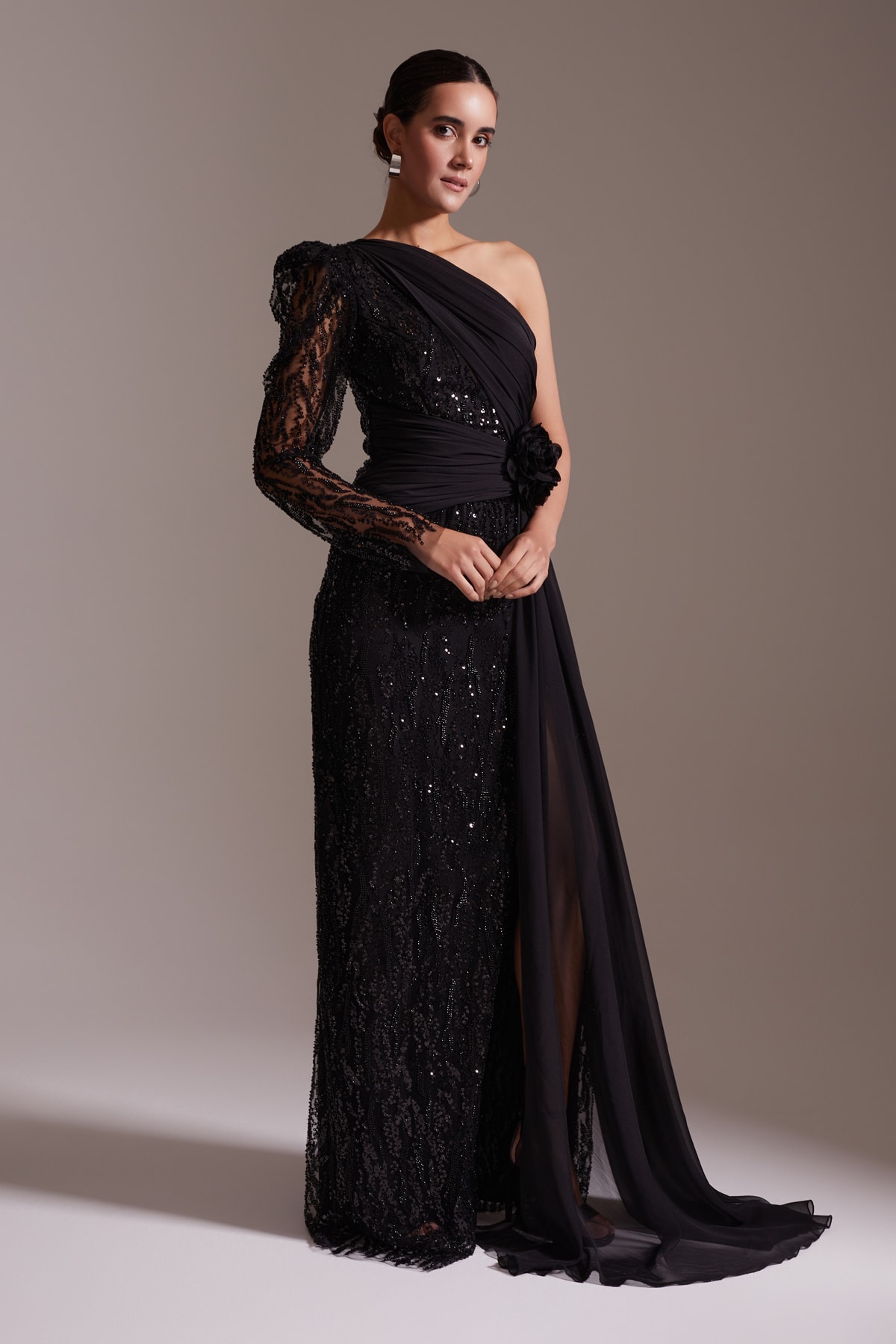 One Shoulder Sequined Tulle Detailed Floral Accessory Slit Evening Dress Black
