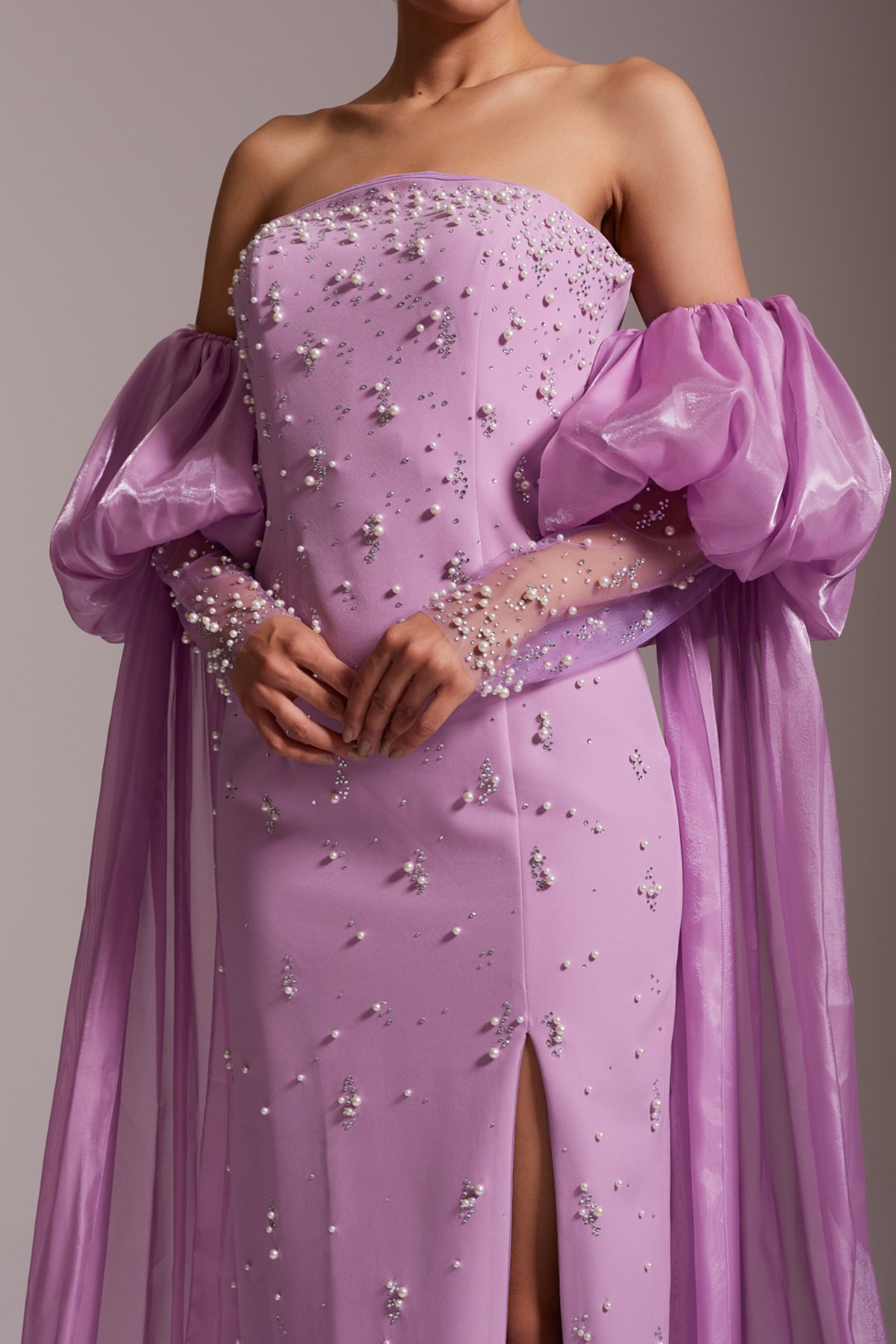 Stone Embroidered Strapless Slit Evening Dress Lilac