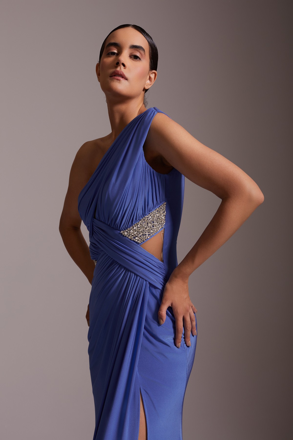 One Shoulder Draped Slit Stone Detailed Chiffon Evening Dress Blue