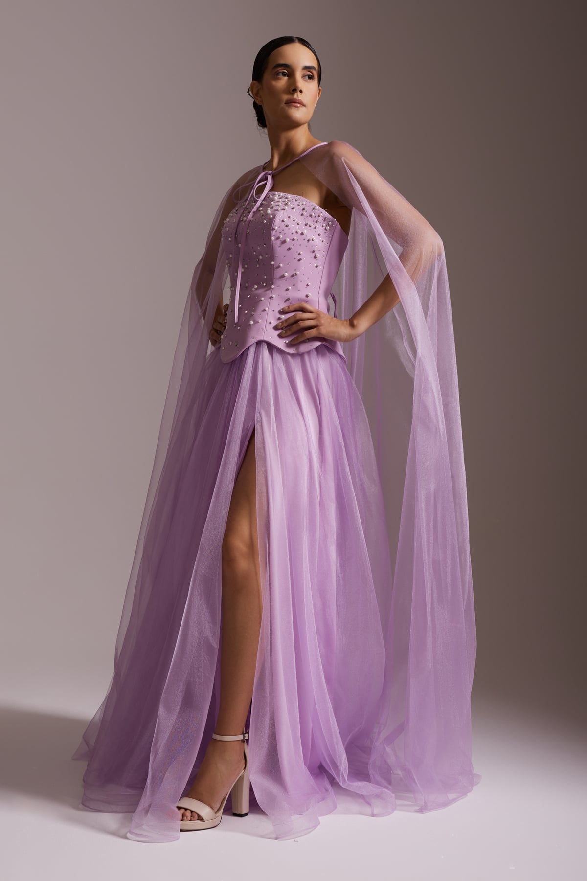 Stone Embroidered Tulle Cape and Slit Evening Dress Lilac
