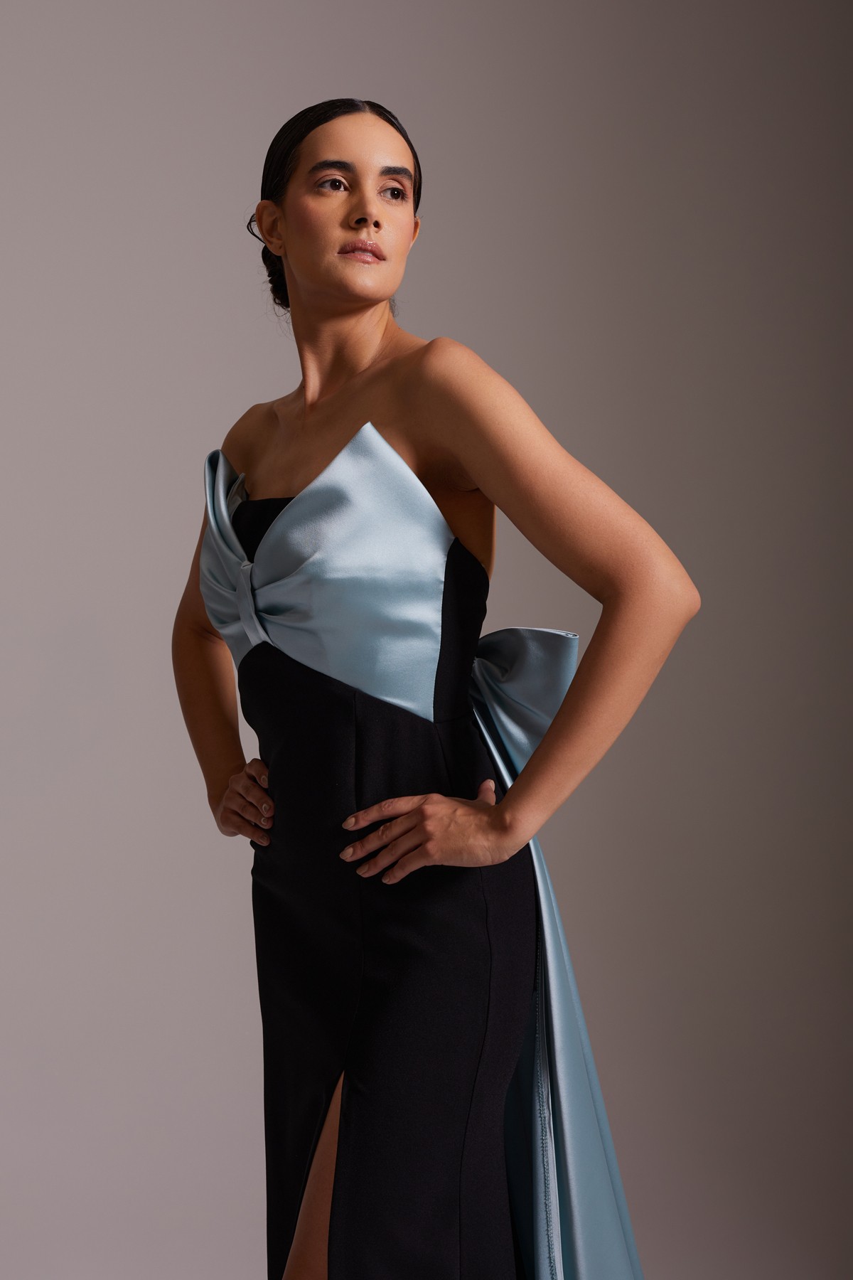 Satin Detailed Black Slit Long Evening Dress Blue