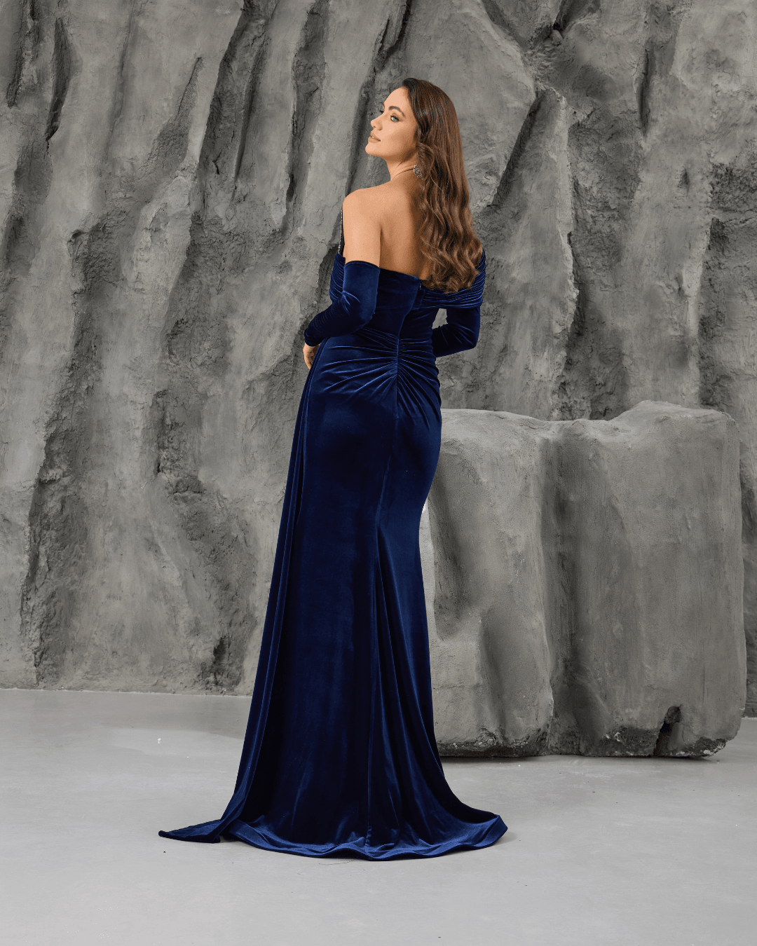 Navy Velvet One Shoulder Gown