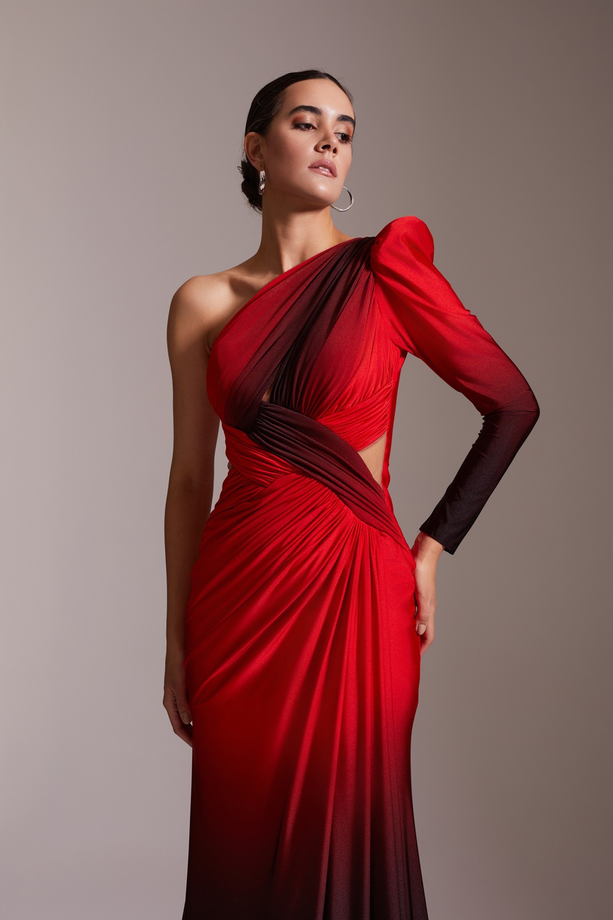 One Shoulder Long Slit Draped Evening Dress Red Black Transitional