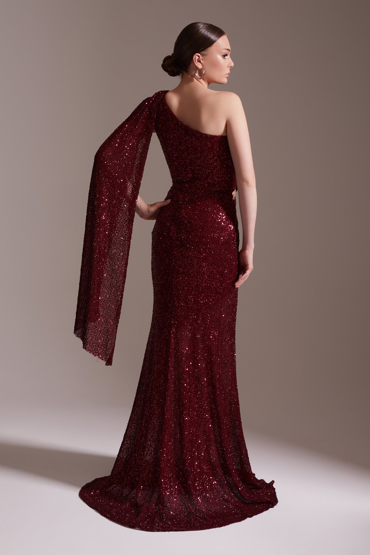 One Shoulder Slit Sequin Evening Dress Burgundy
