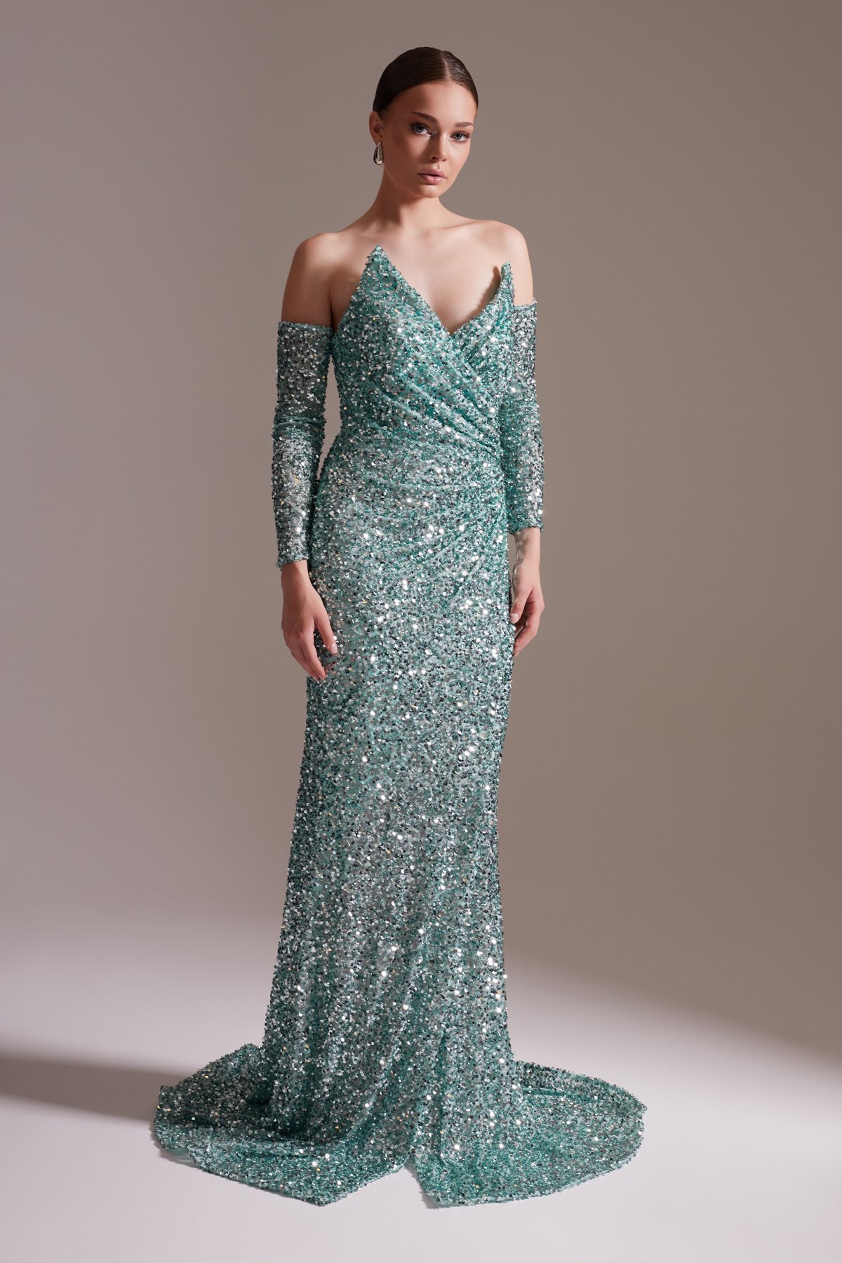 Sequined Off-the-Shoulder Long Evening Dress in Aqua Green