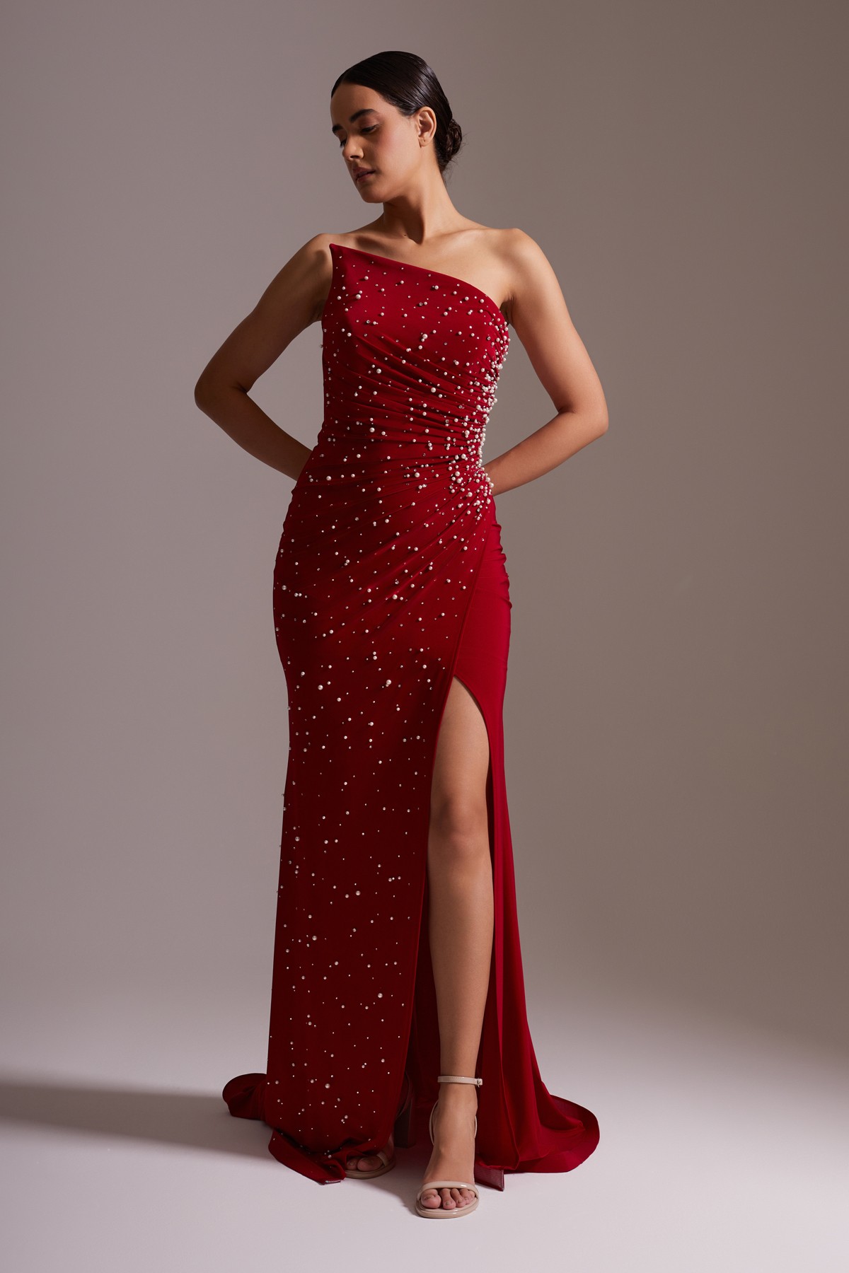 One Shoulder Slit Stone Embroidered Evening Dress Red