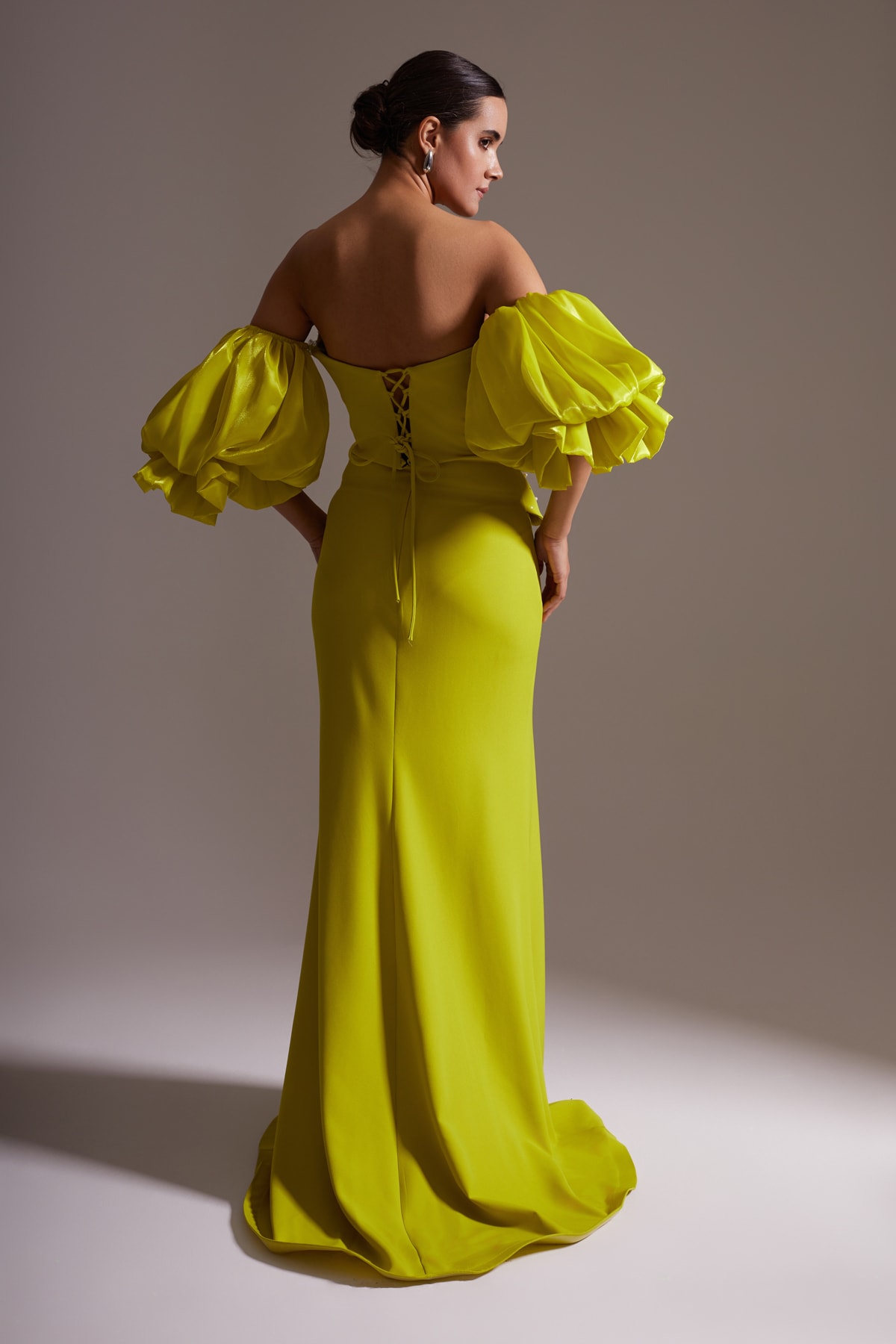One Shoulder Pearl and Stone Embroidered Flounce Sleeve Slit Long Evening Dress Yellow Green