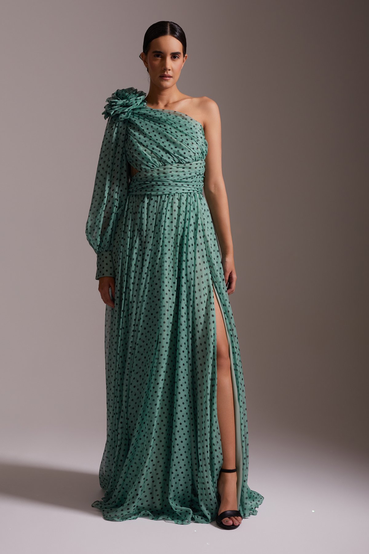 One Shoulder Flounce Detailed Slit Chiffon Polka Dot Evening Dress Green