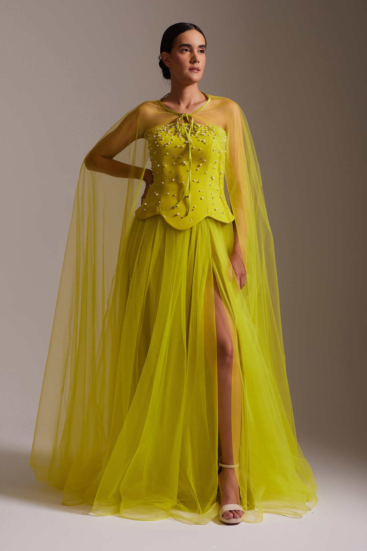 Stone Embroidered Tulle Cape Slit Evening Dress Neon Yellow