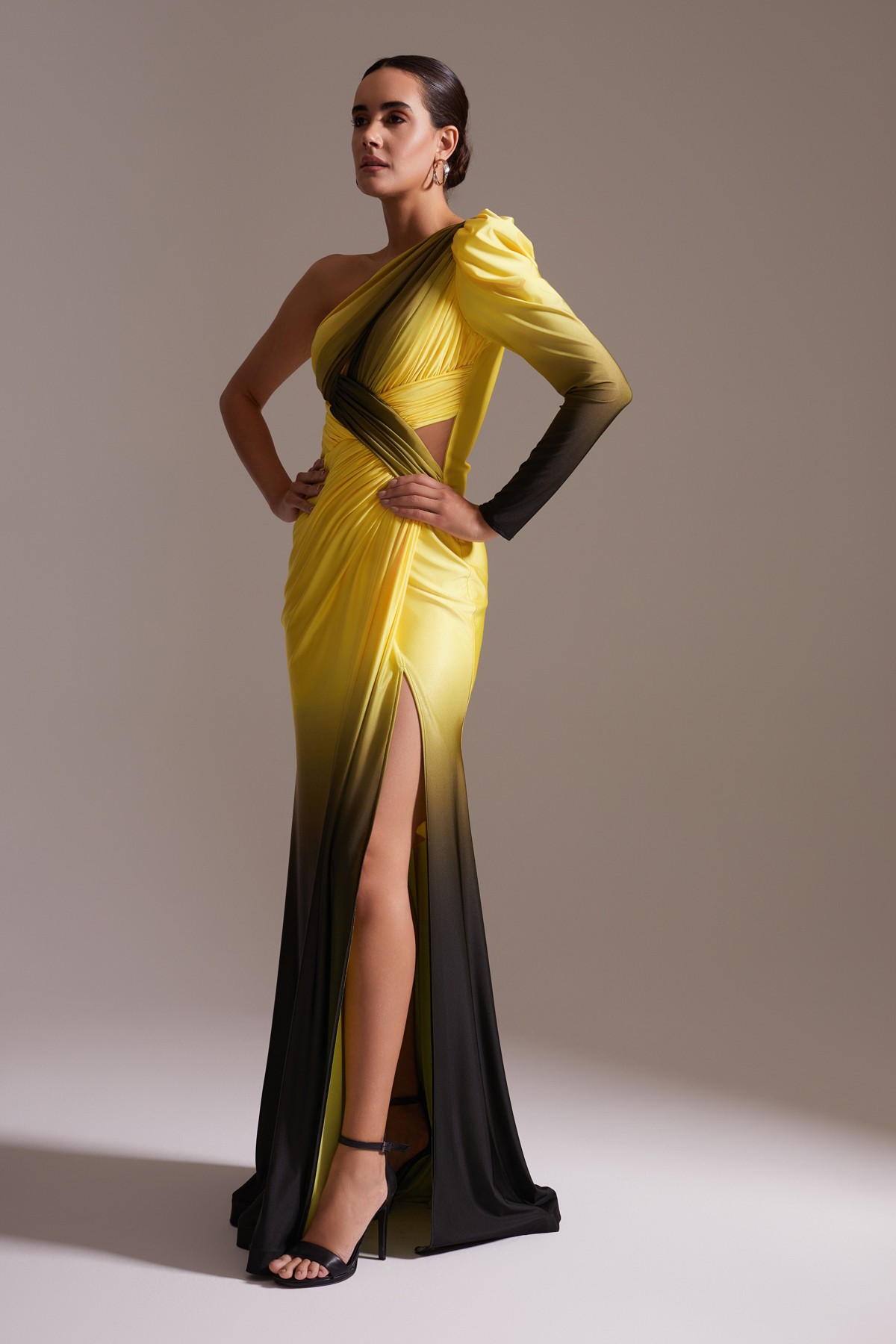 One Shoulder Asymmetric Gradient Draped Slit Evening Dress Yellow-Black