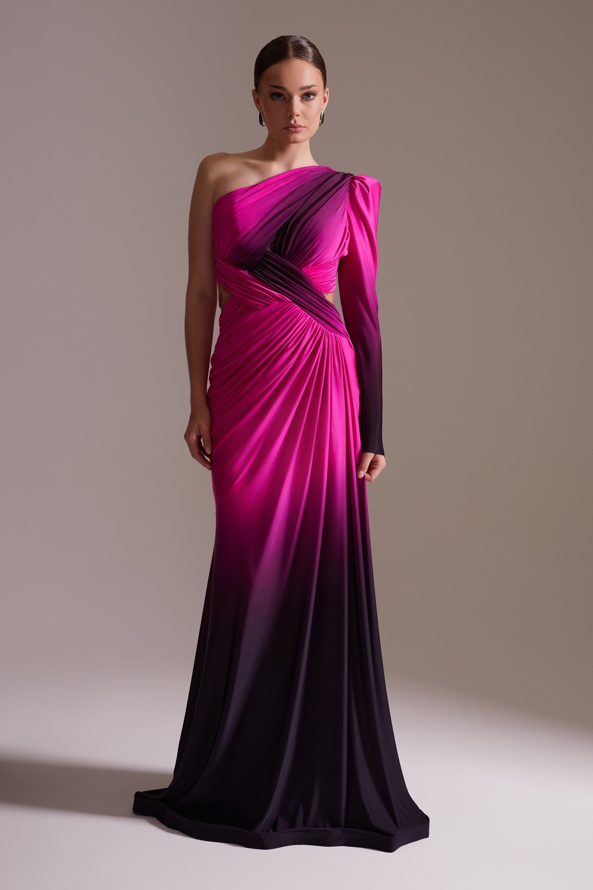 One Shoulder Draped Long Evening Dress Fuchsia Black Transitional