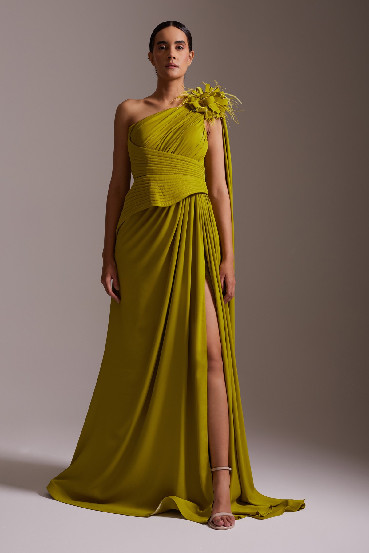 One Shoulder Floral Accessory Draped Slit Satin Evening Dress Olive Green