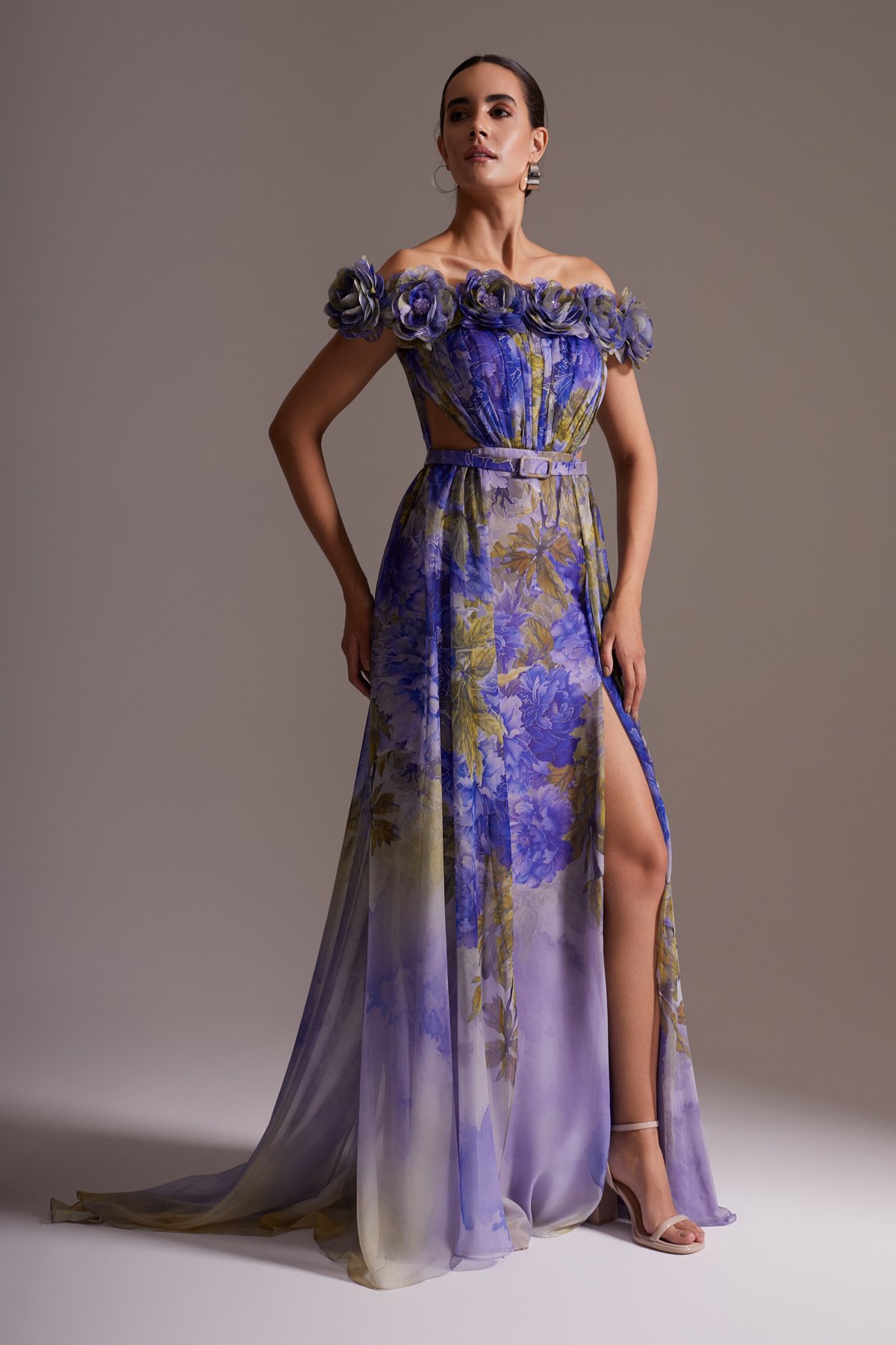 Floral Patterned Shoulder Slit Chiffon Evening Dress Purple Blue