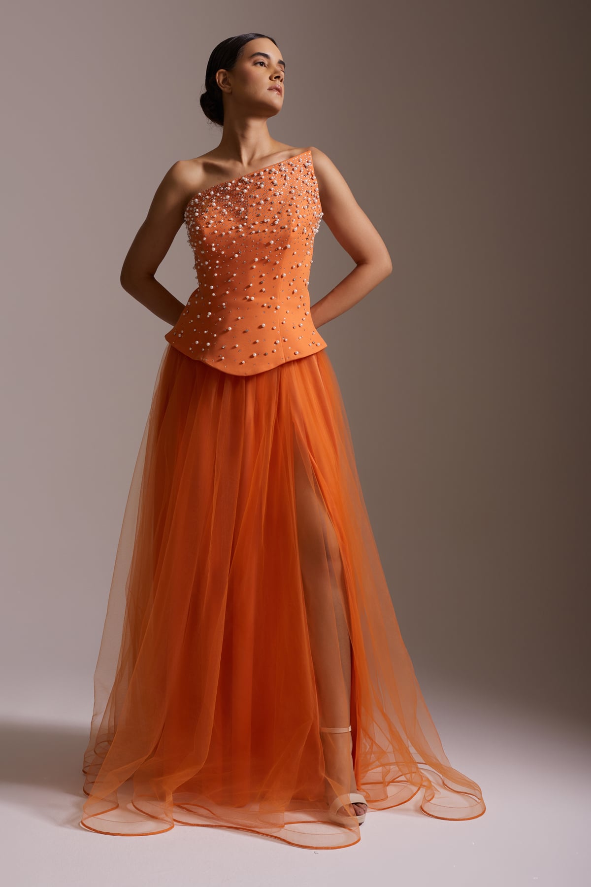 One Shoulder Pearl Stone Embroidered Tulle Skirt Slit Evening Dress Orange
