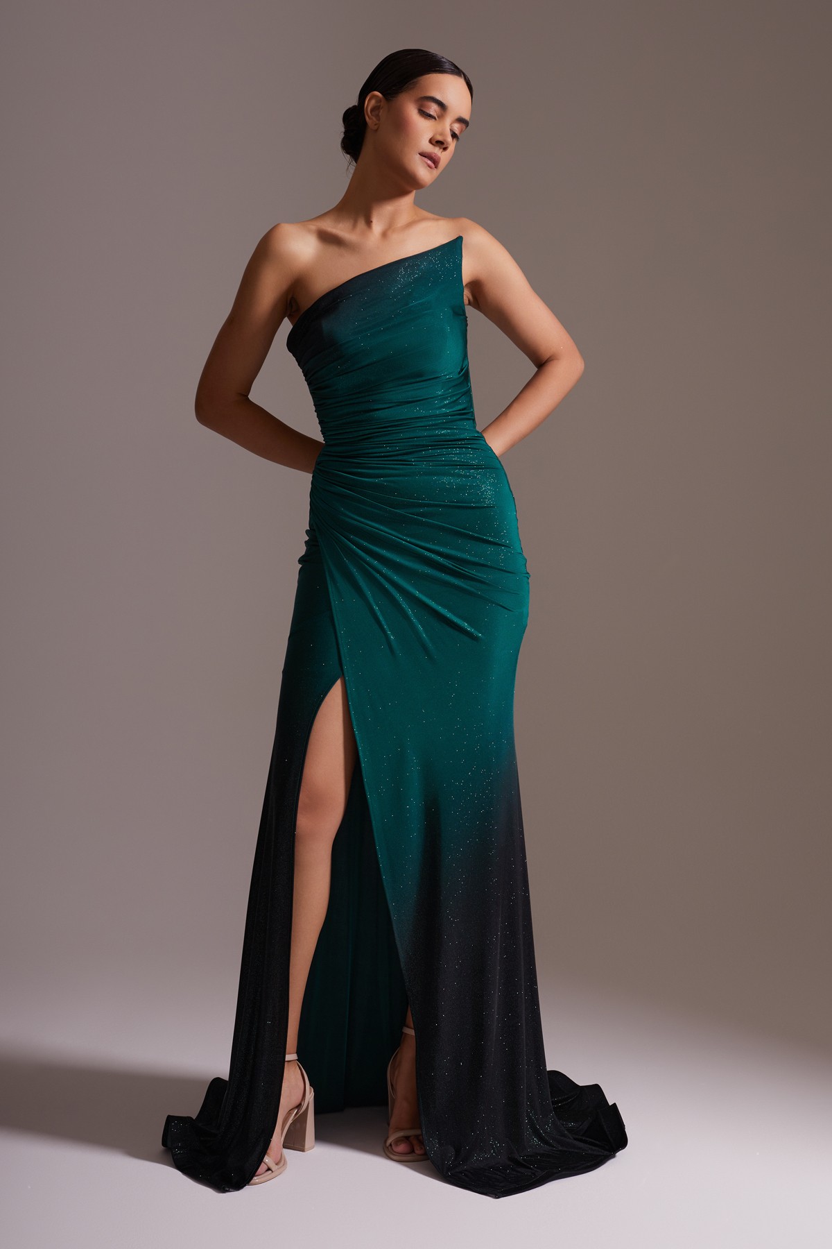 One Shoulder Slit Sparkly Evening Dress Red