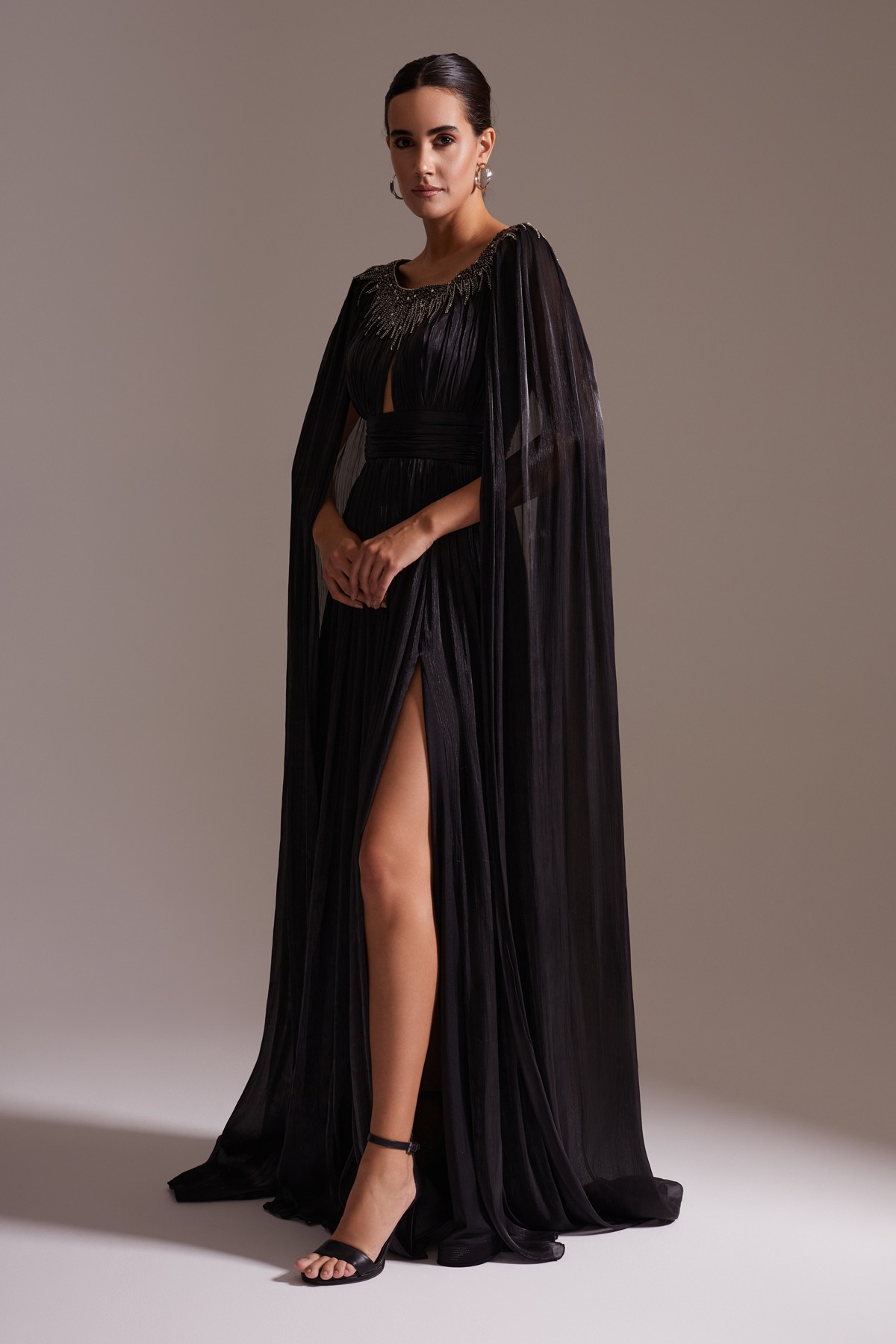 Stone Embroidered Cape Sleeve Slit Long Evening Dress Black