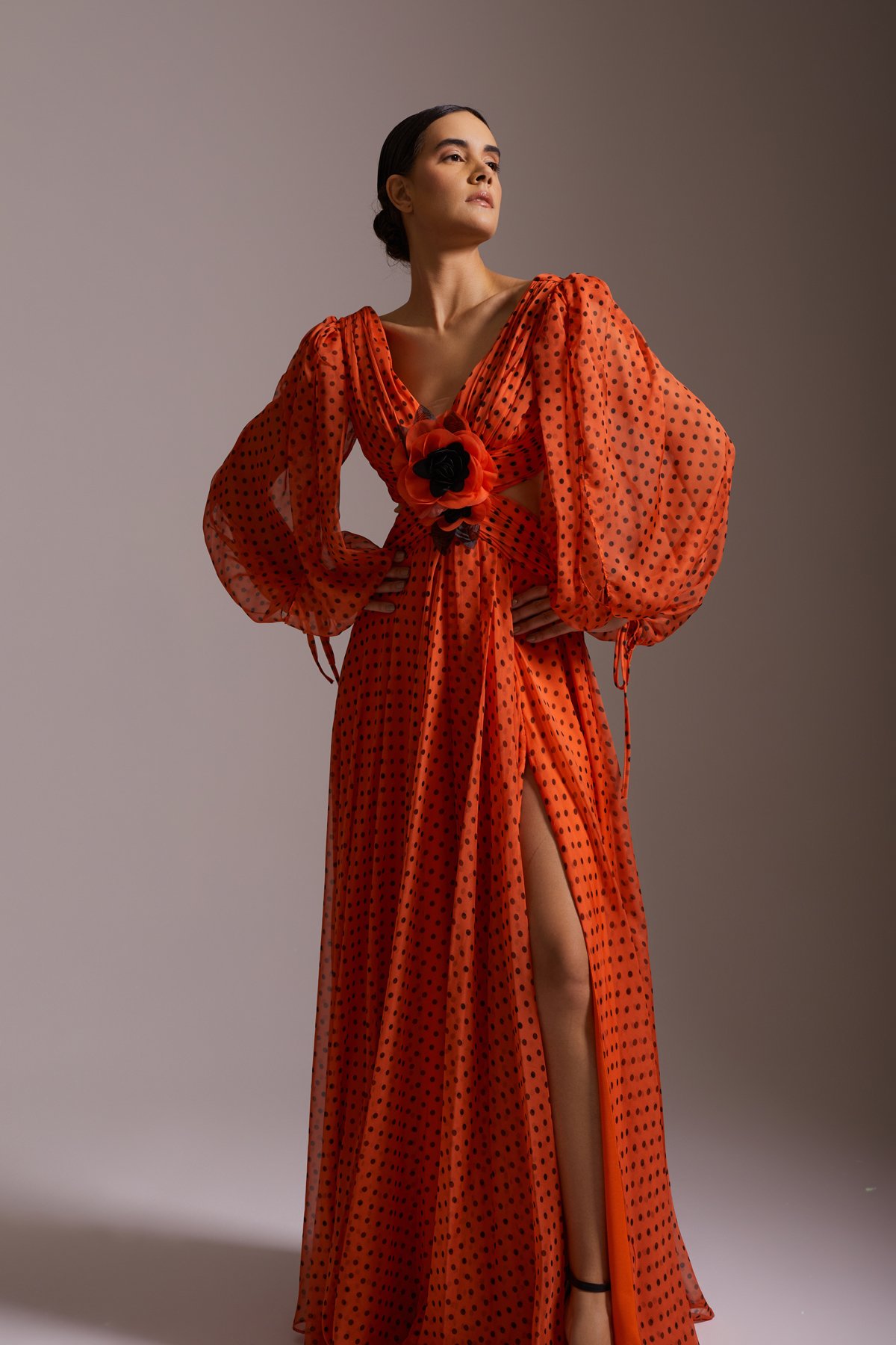Red Black Polka Dot Slit Chiffon Long Evening Dress