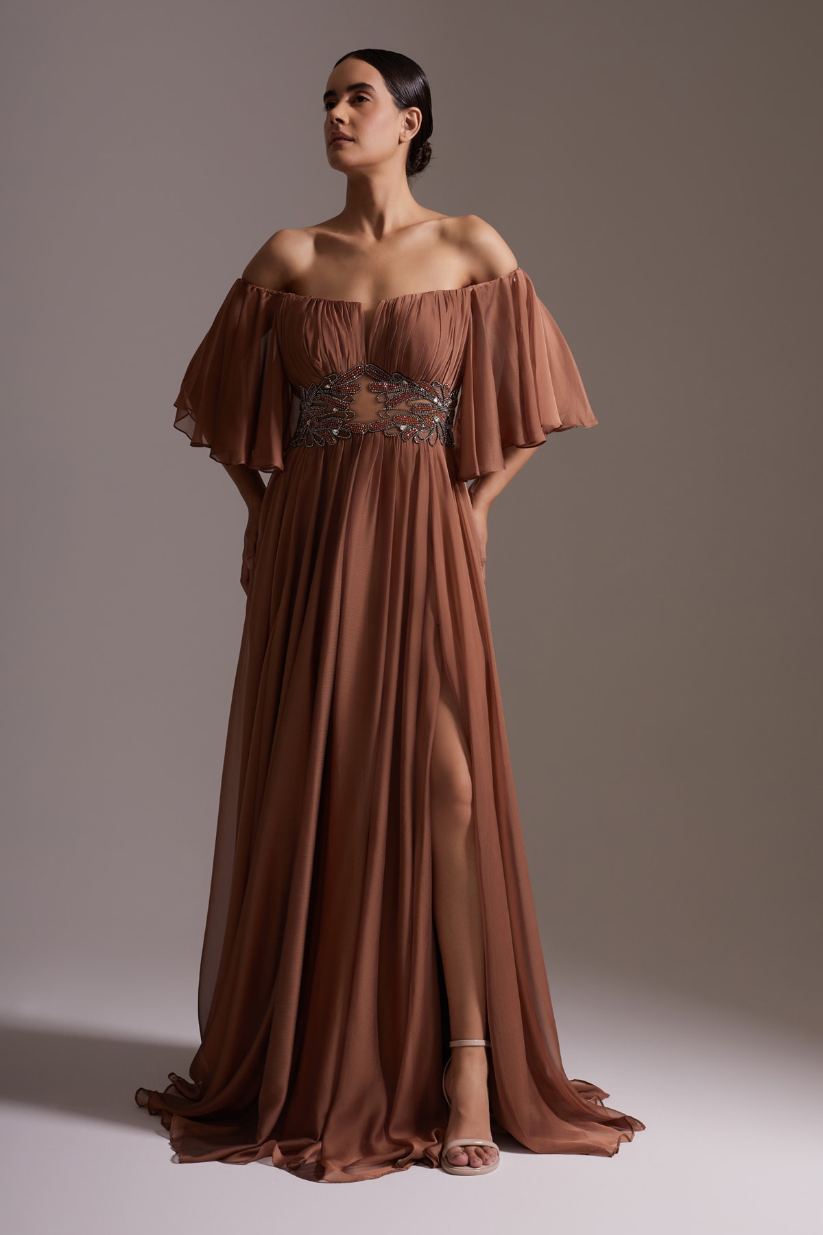 Stone Embroidered Waist Detailed Slit Chiffon Evening Dress Brown