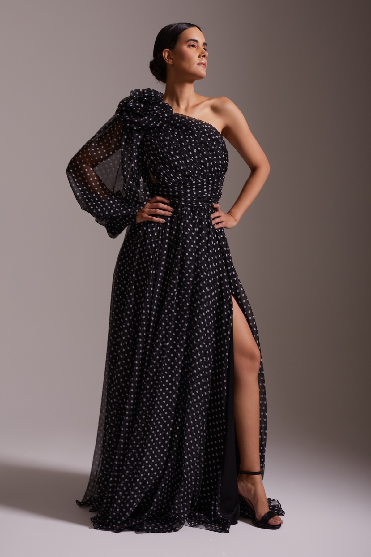 Polka Dot One Shoulder Slit Detailed Chiffon Long Evening Dress Black and White