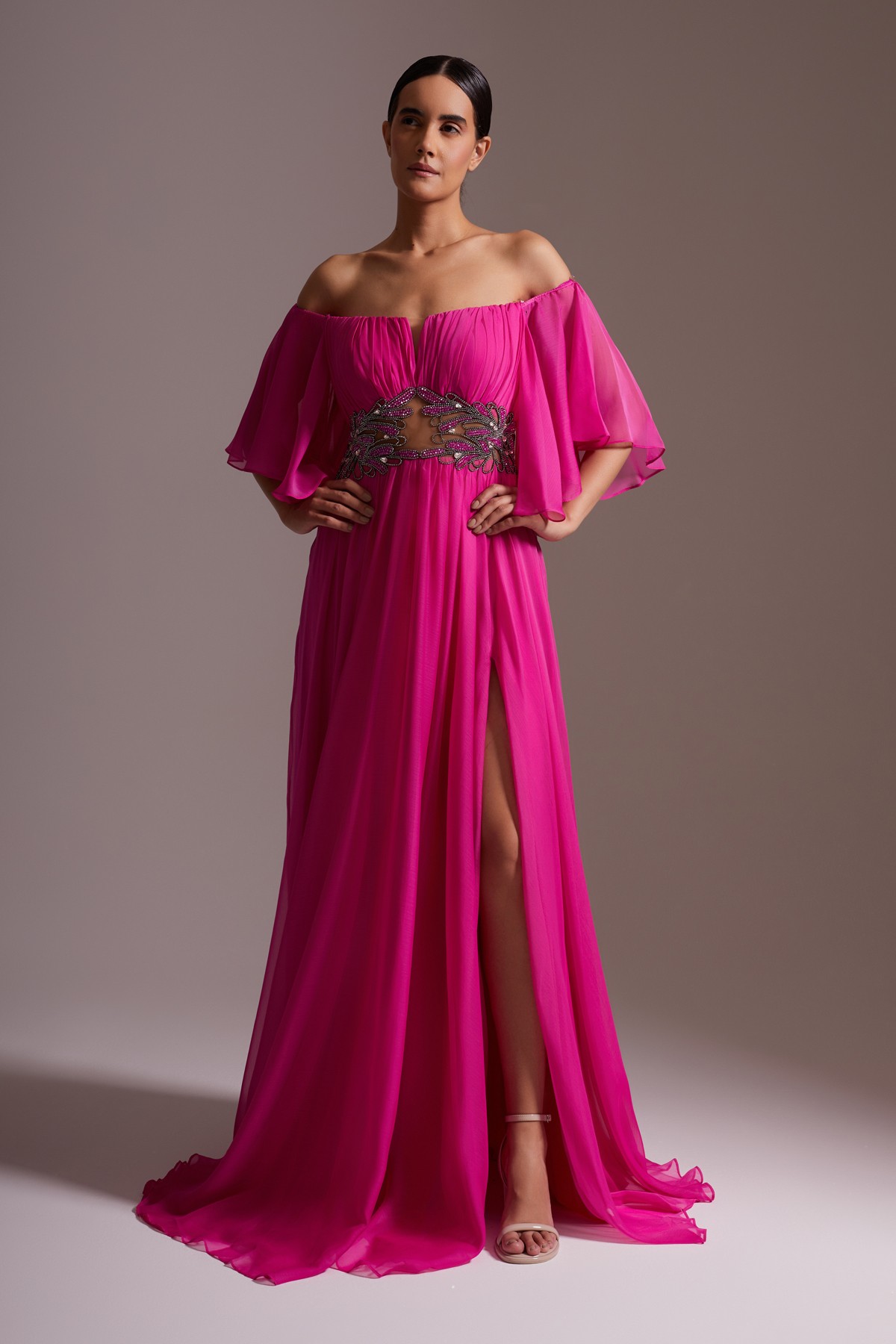 Off-the-Shoulder, Stone Embroidered, Slit and Belt Detailed Chiffon Evening Dress Fuchsia